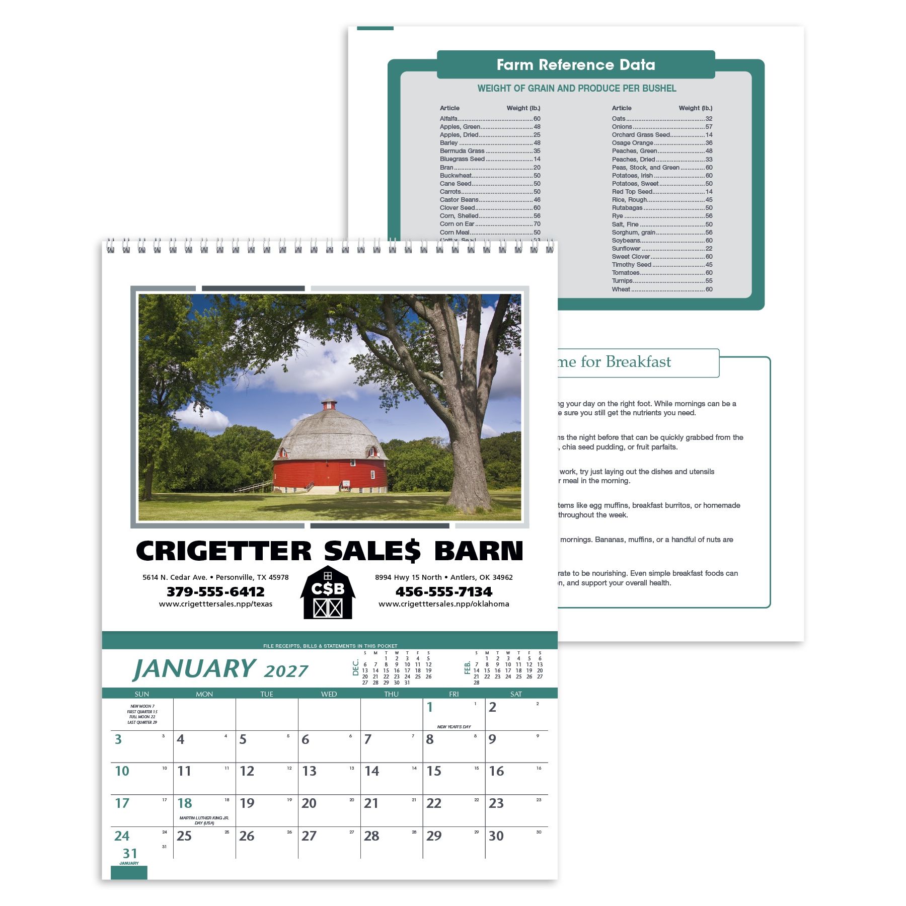 Farm pocket calendar featuring scenic agricultural artwork, monthly storage pockets, farm information, home hints, Julian dates, and an FSC®-certified paper cover.