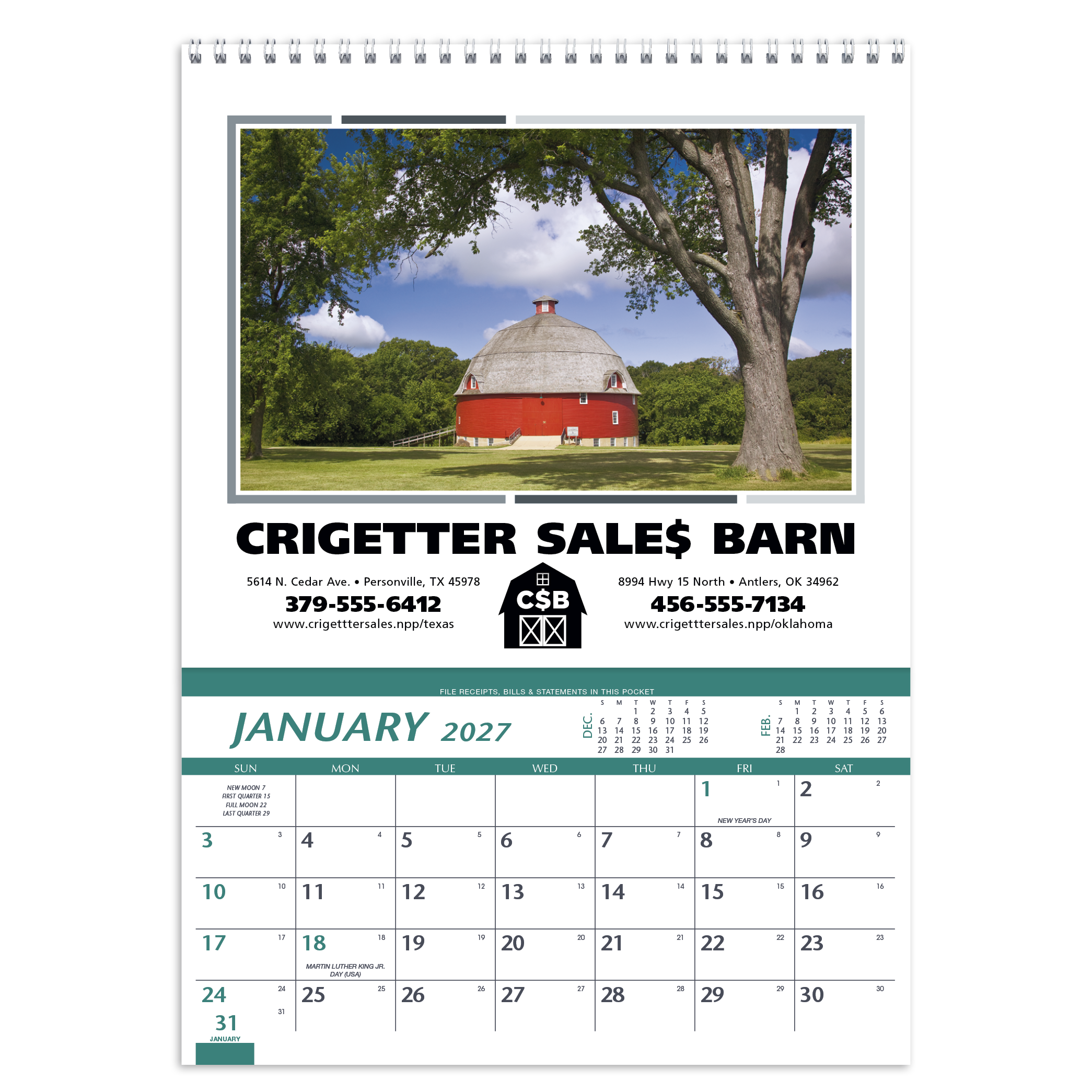 Farm pocket calendar featuring scenic agricultural artwork, monthly storage pockets, farm information, home hints, Julian dates, and an FSC®-certified paper cover.
