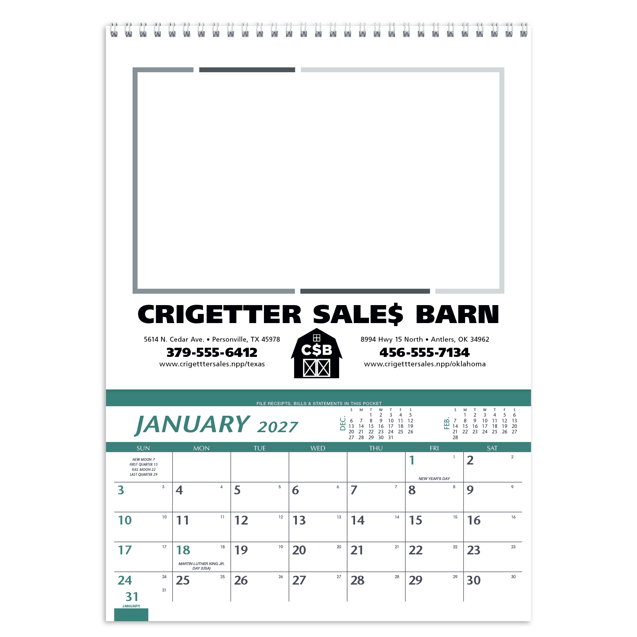 Farm pocket calendar featuring scenic agricultural artwork, monthly storage pockets, farm information, home hints, Julian dates, and an FSC®-certified paper cover.