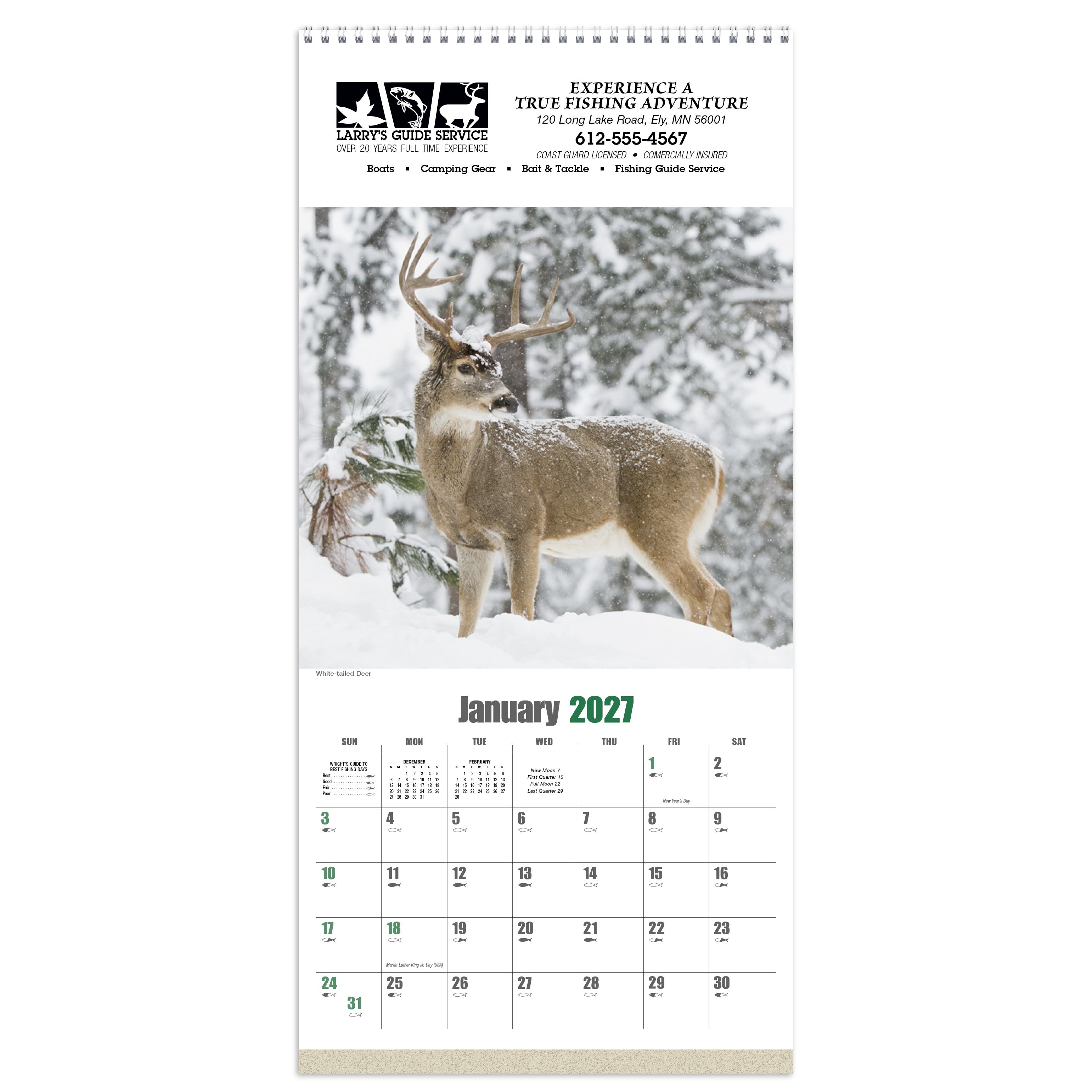 Sportsman wall calendar featuring full-color wildlife photography, outdoor tips, featured animal information, Wright's Guide to the best fishing days, and an FSC®-certified paper finish.