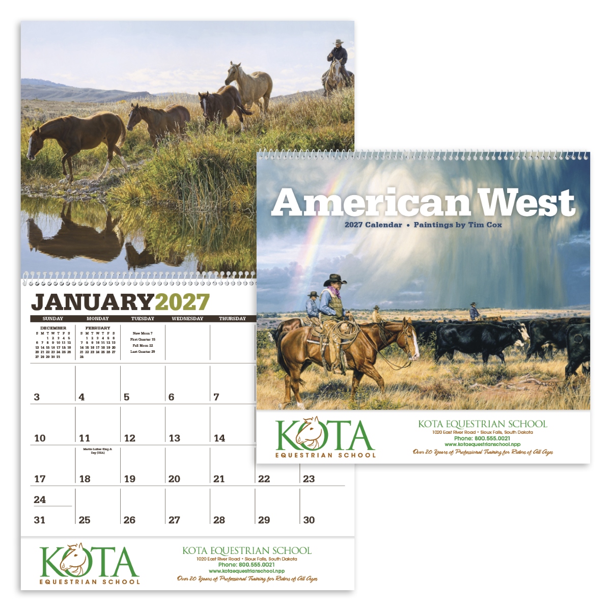 Calendar featuring lifelike Tim Cox artwork of contemporary cowboys and the American West, assembled in the USA.