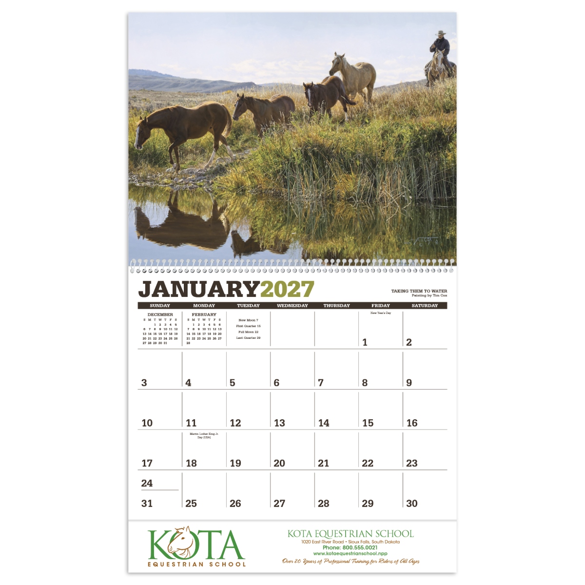 Calendar featuring lifelike Tim Cox artwork of contemporary cowboys and the American West, assembled in the USA.
