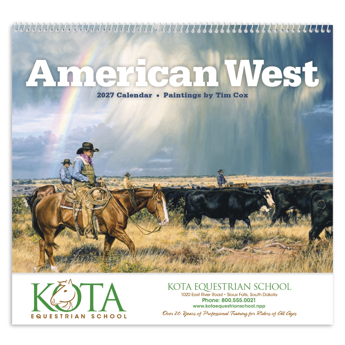Calendar featuring lifelike Tim Cox artwork of contemporary cowboys and the American West, assembled in the USA.