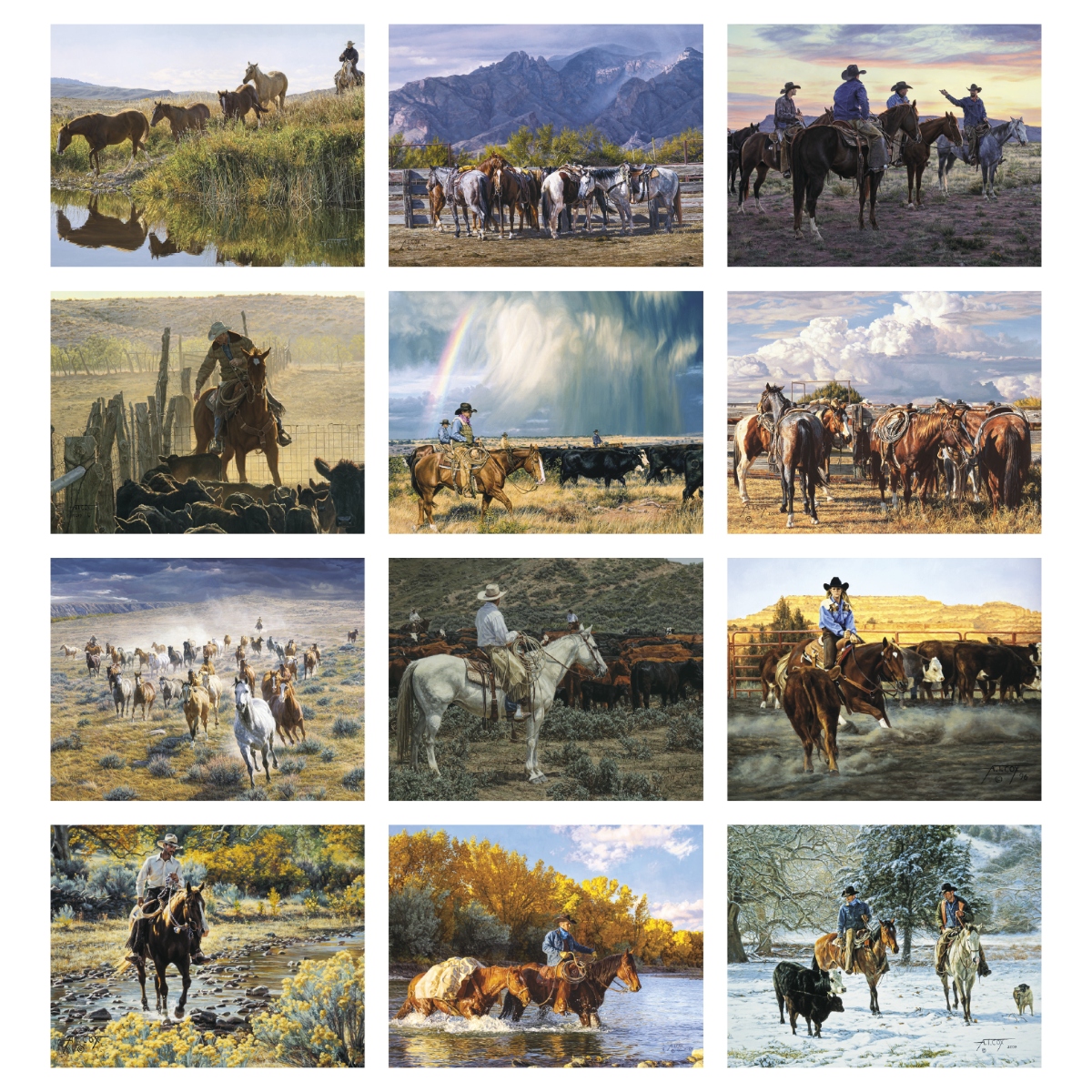 Calendar featuring lifelike Tim Cox artwork of contemporary cowboys and the American West, assembled in the USA.