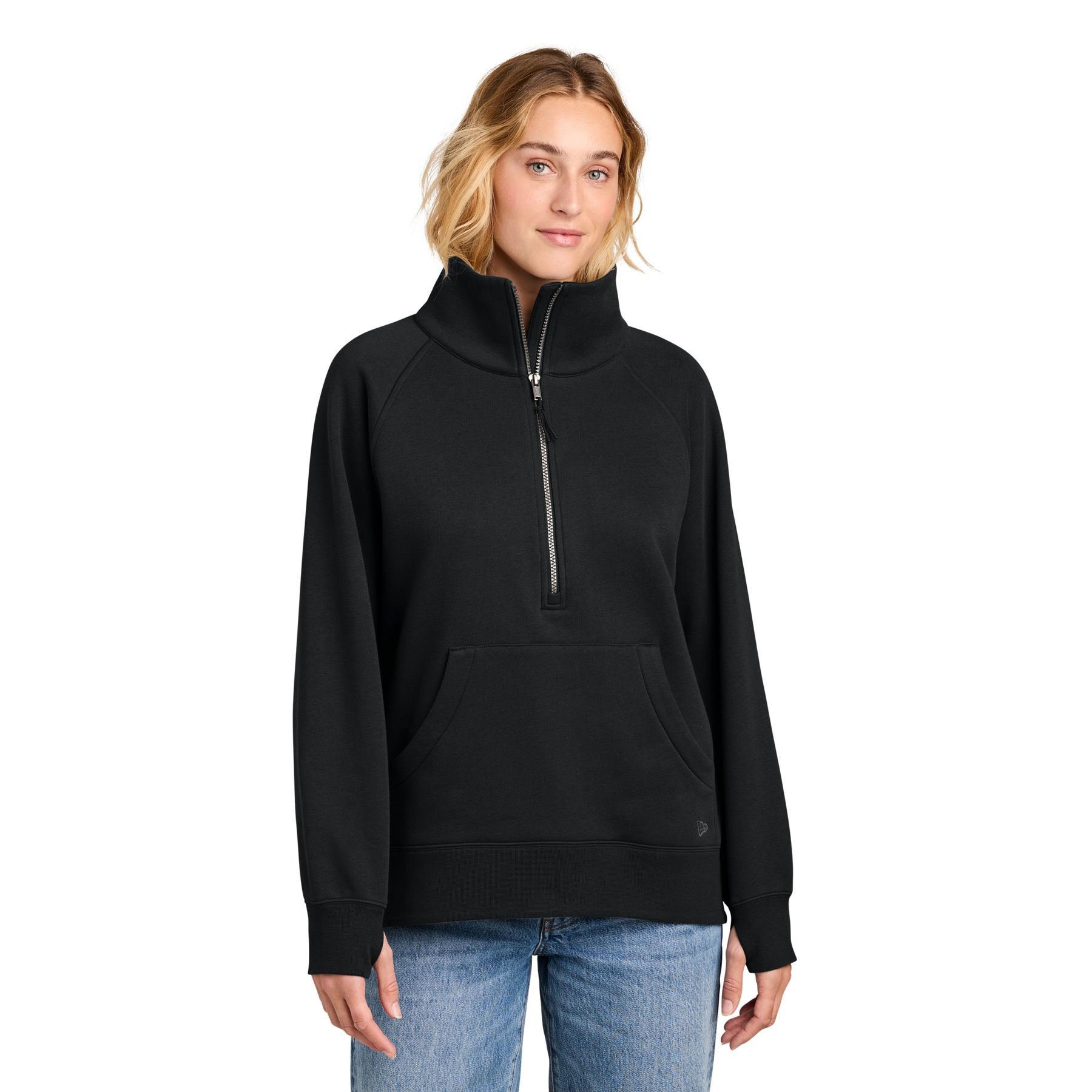 Black New Era Women’s Heritage Fleece 1/2-Zip Pullover a ultra-soft heritage fleece pullover with a relaxed fit, quarter-zip neckline, antique nickel zipper, raglan sleeves, front pouch pocket, rib-knit cuffs and hem, and embroidered New Era flag logo, designed for cozy everyday wear, layering, travel, and casual comfort.