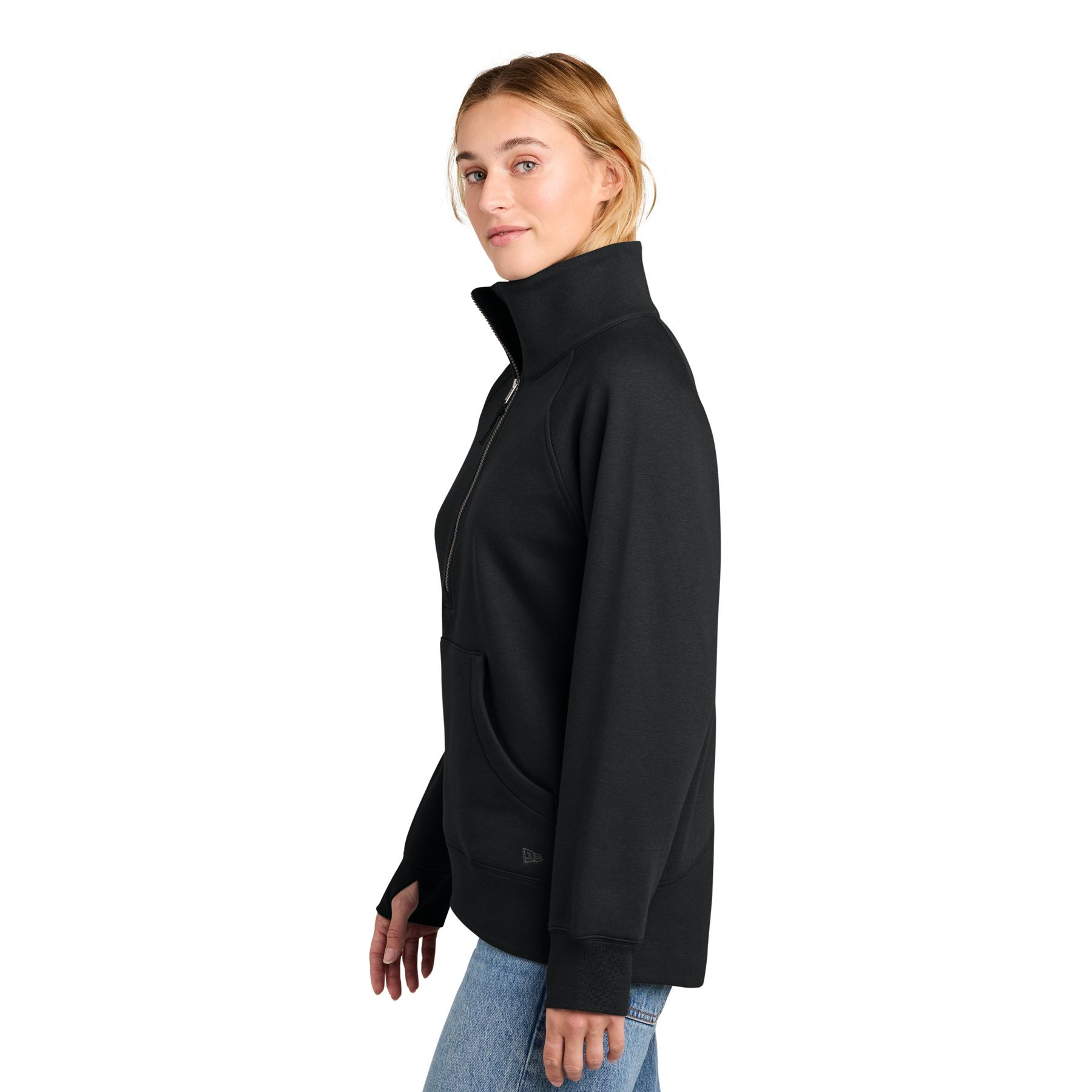 Black New Era Women’s Heritage Fleece 1/2-Zip Pullover a ultra-soft heritage fleece pullover with a relaxed fit, quarter-zip neckline, antique nickel zipper, raglan sleeves, front pouch pocket, rib-knit cuffs and hem, and embroidered New Era flag logo, designed for cozy everyday wear, layering, travel, and casual comfort.