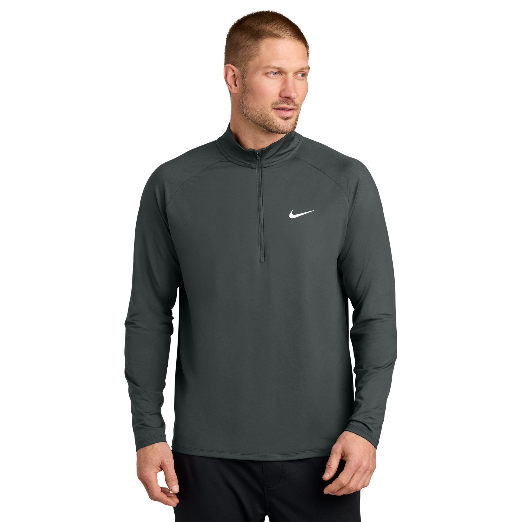 Anthracite Nike Dri-FIT Stride 1/2-Zip Pullover a lightweight performance pullover with Nike Dri-FIT moisture-wicking fabric, quarter-zip front, stand collar, modified raglan sleeves, open cuffs, and an embroidered Nike Swoosh, designed for training, golf, running, and everyday layering.
