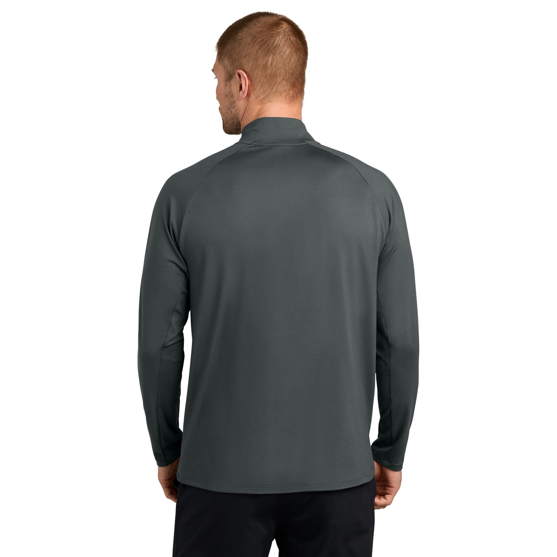 Anthracite Nike Dri-FIT Stride 1/2-Zip Pullover a lightweight performance pullover with Nike Dri-FIT moisture-wicking fabric, quarter-zip front, stand collar, modified raglan sleeves, open cuffs, and an embroidered Nike Swoosh, designed for training, golf, running, and everyday layering.