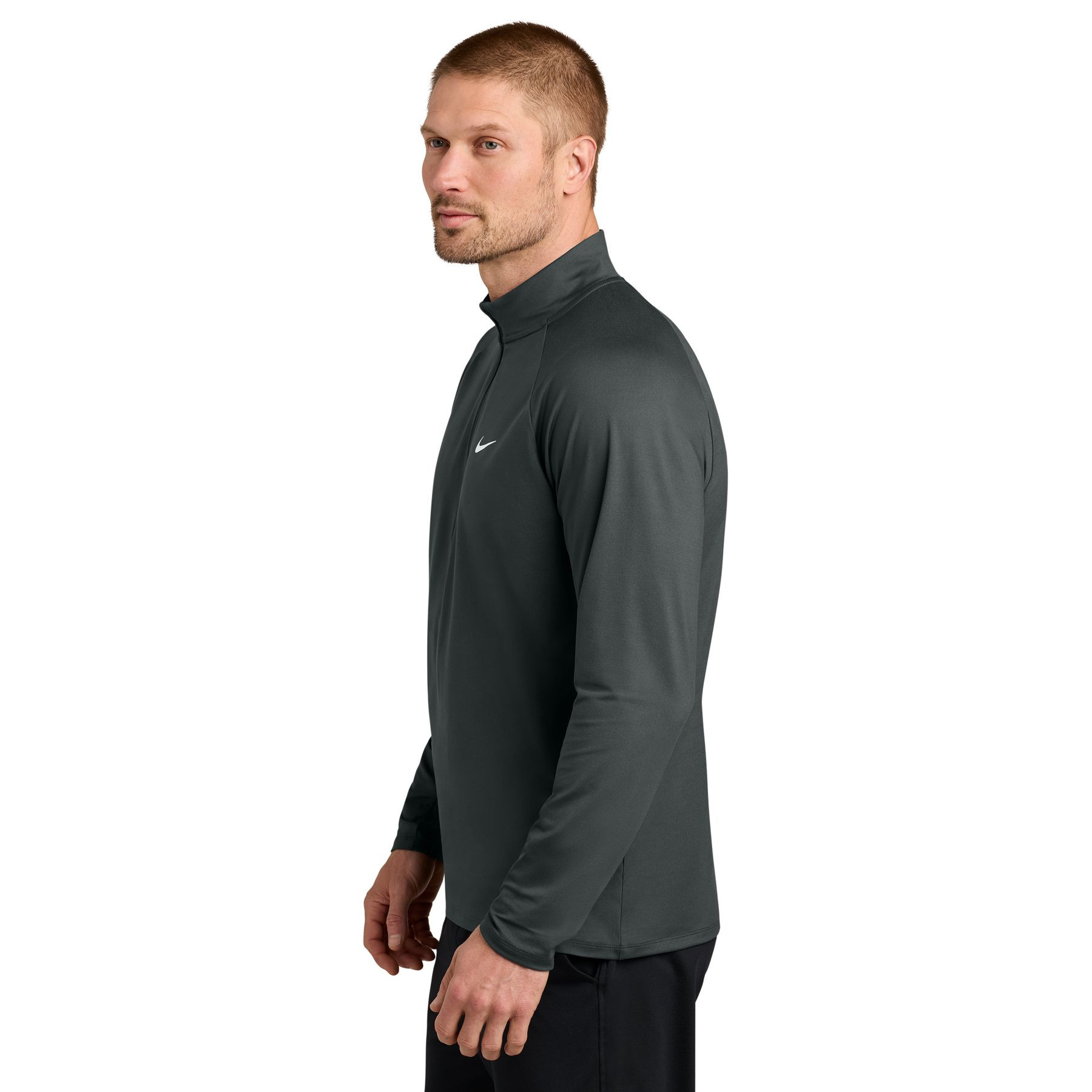 Anthracite Nike Dri-FIT Stride 1/2-Zip Pullover a lightweight performance pullover with Nike Dri-FIT moisture-wicking fabric, quarter-zip front, stand collar, modified raglan sleeves, open cuffs, and an embroidered Nike Swoosh, designed for training, golf, running, and everyday layering.