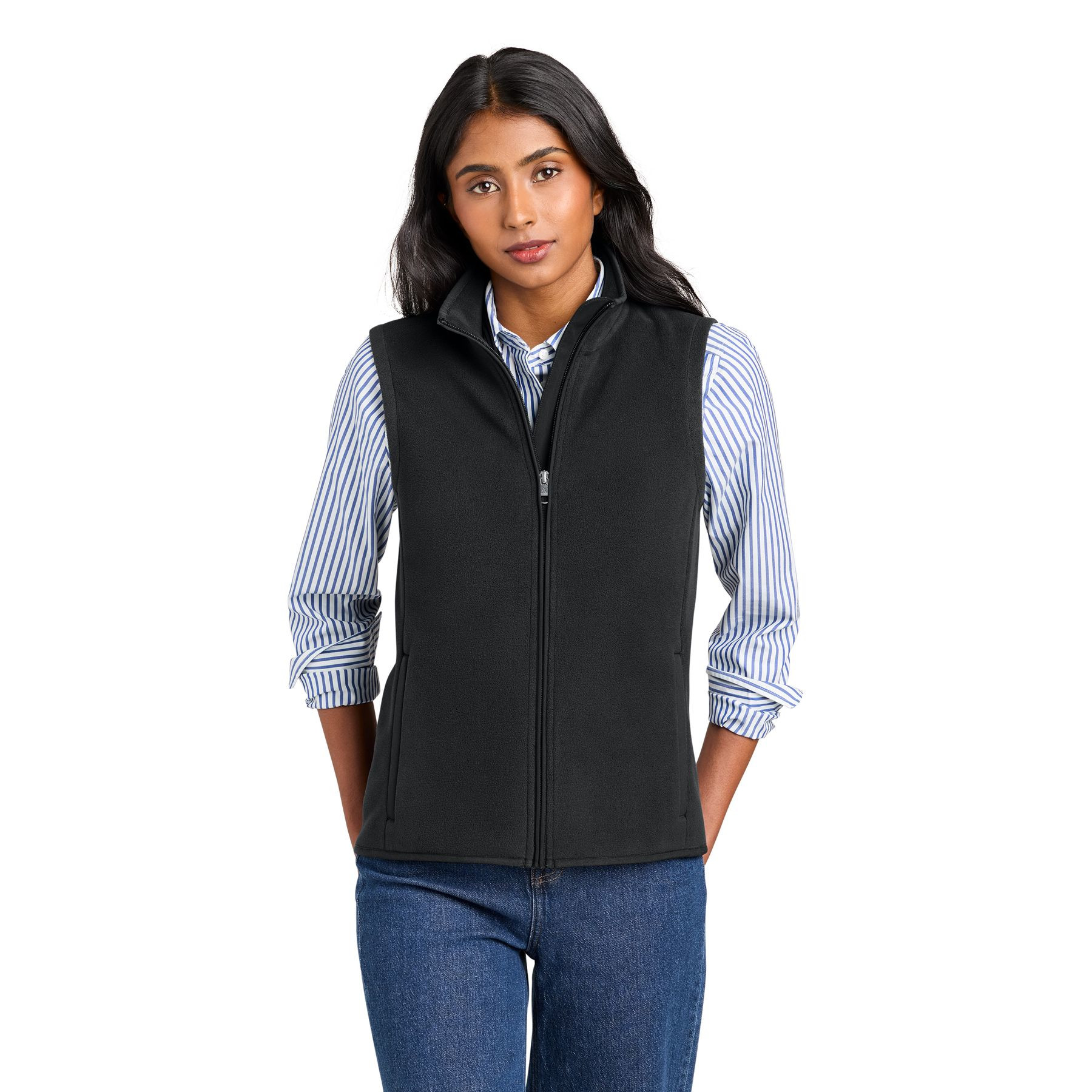 Deep Black Brooks Brothers® Women’s Fleece Vest a premium double-sided brushed fleece vest with an anti-pill finish, full-length zipper, stand collar, zippered hand pockets, flattering princess seams, and an embroidered Brooks Brothers® logo at the back neck, designed for lightweight warmth, layering, travel, work, and everyday wear.