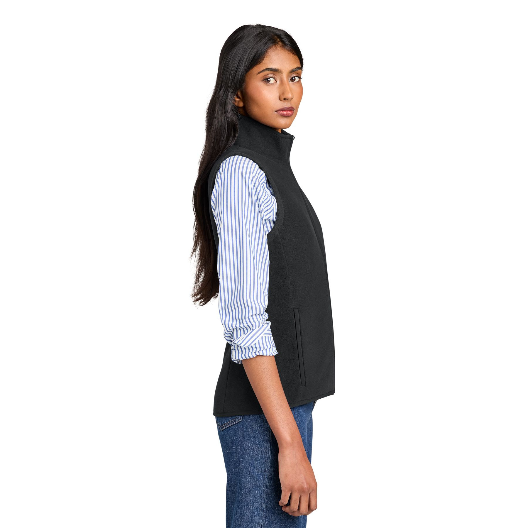 Deep Black Brooks Brothers® Women’s Fleece Vest a premium double-sided brushed fleece vest with an anti-pill finish, full-length zipper, stand collar, zippered hand pockets, flattering princess seams, and an embroidered Brooks Brothers® logo at the back neck, designed for lightweight warmth, layering, travel, work, and everyday wear.