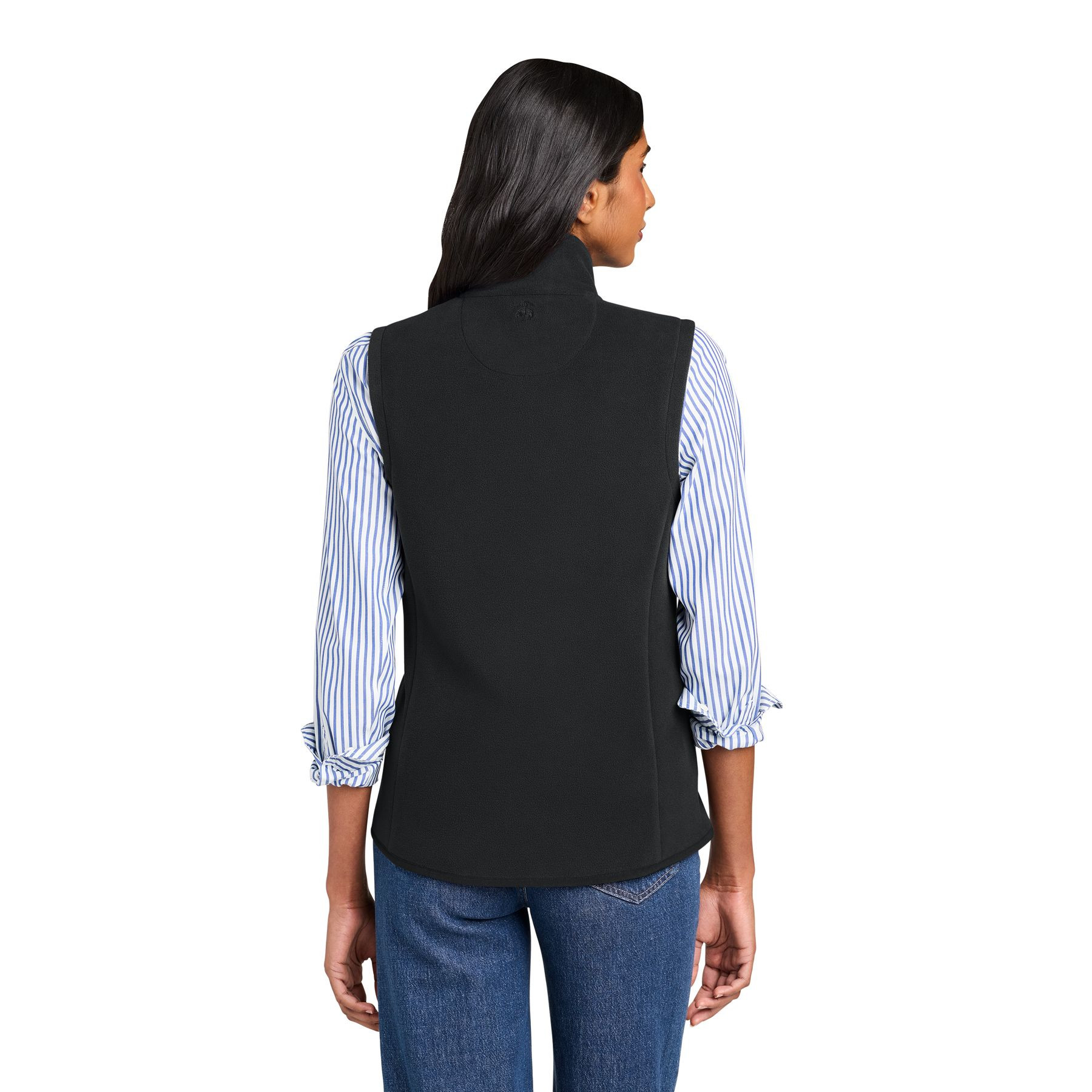Deep Black Brooks Brothers® Women’s Fleece Vest a premium double-sided brushed fleece vest with an anti-pill finish, full-length zipper, stand collar, zippered hand pockets, flattering princess seams, and an embroidered Brooks Brothers® logo at the back neck, designed for lightweight warmth, layering, travel, work, and everyday wear.