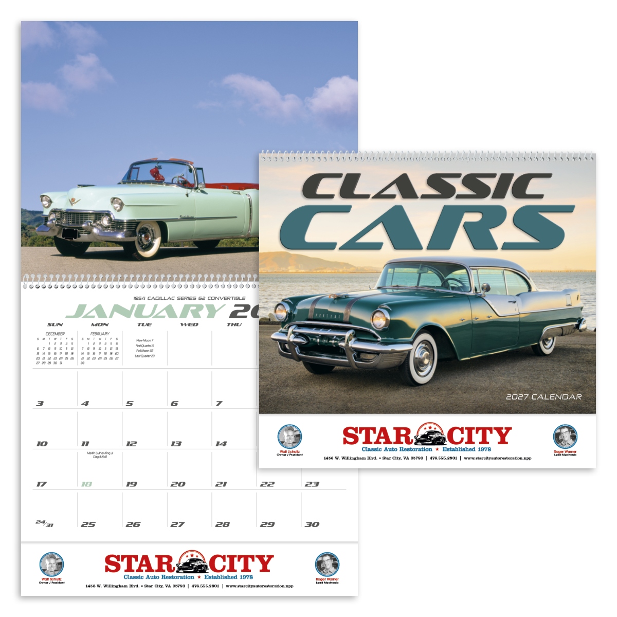 Calendar featuring classic cars from the 1940s, 1950s, and 1960s, assembled in the USA.