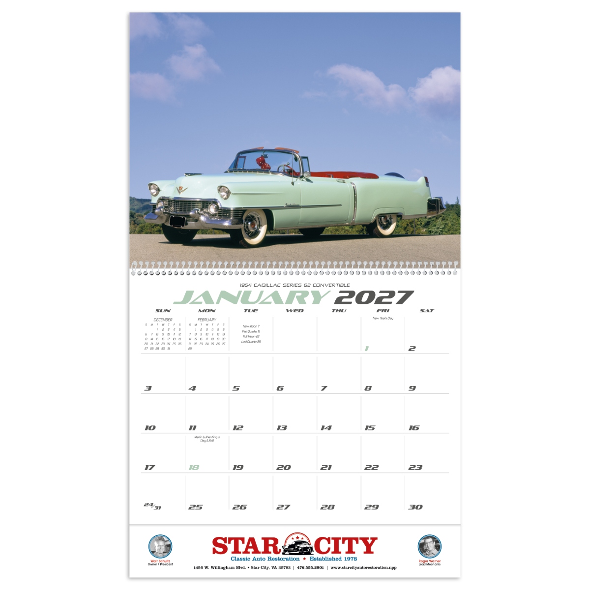 Calendar featuring classic cars from the 1940s, 1950s, and 1960s, assembled in the USA.