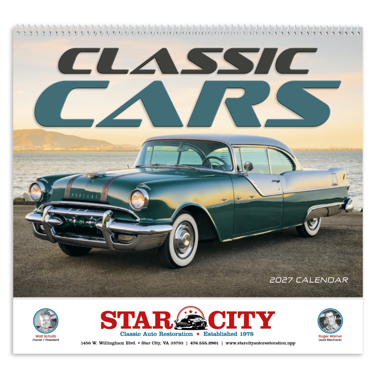 Calendar featuring classic cars from the 1940s, 1950s, and 1960s, assembled in the USA.