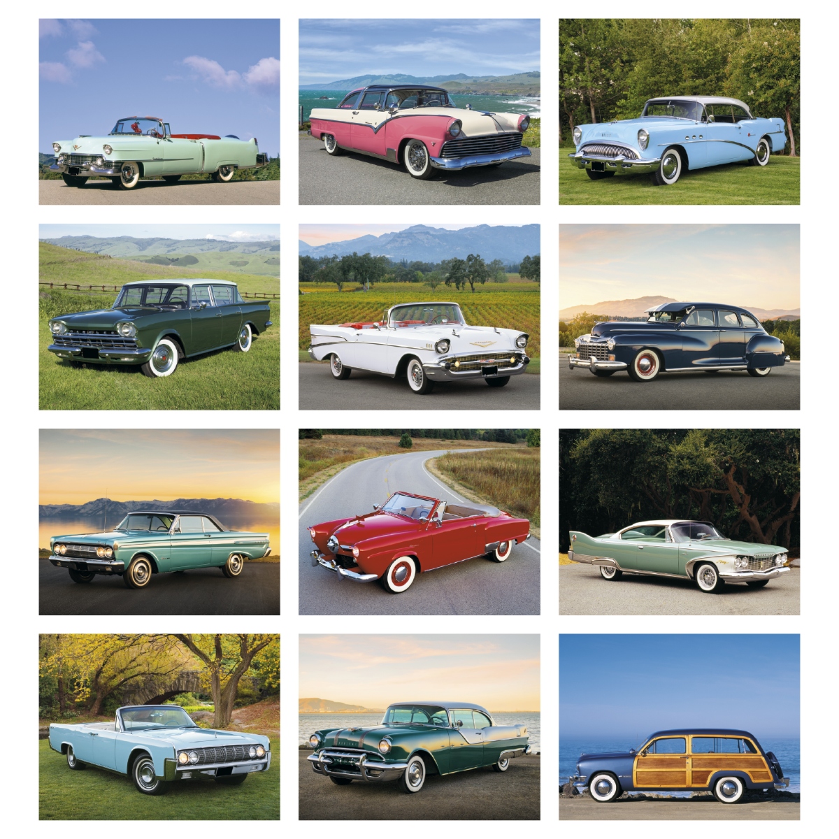Calendar featuring classic cars from the 1940s, 1950s, and 1960s, assembled in the USA.