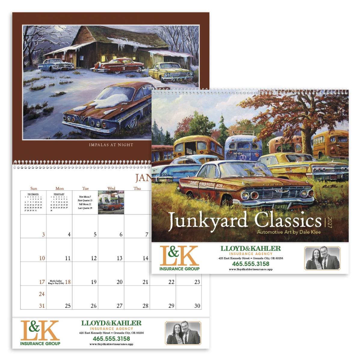Collector’s calendar featuring original automotive-themed paintings by artist Dale Klee, assembled in the USA.