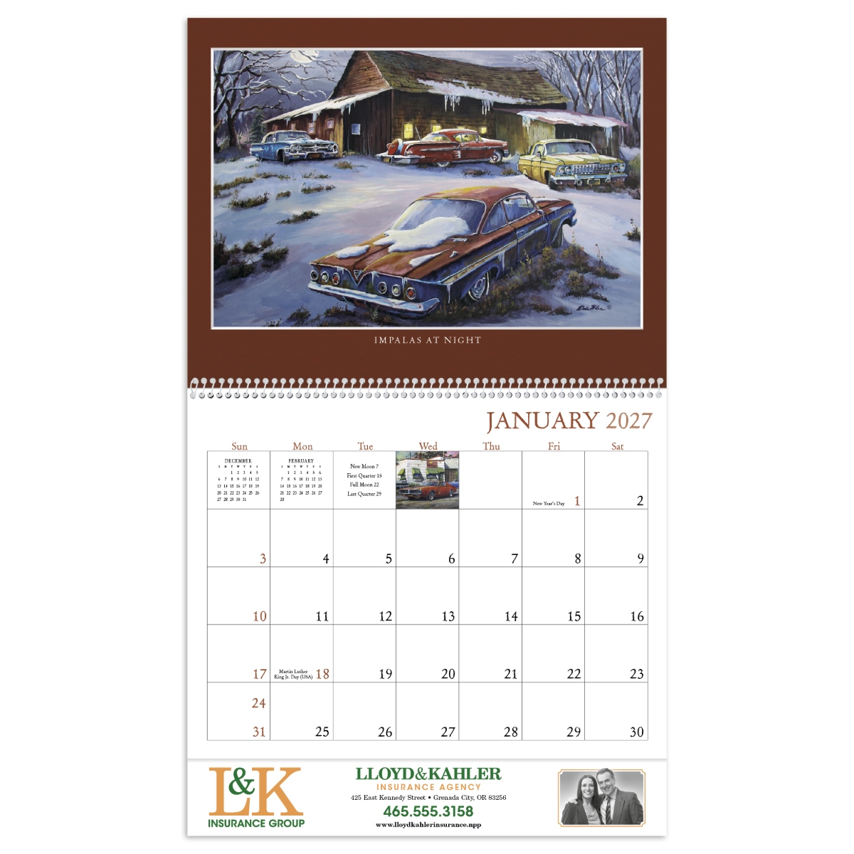 Collector’s calendar featuring original automotive-themed paintings by artist Dale Klee, assembled in the USA.