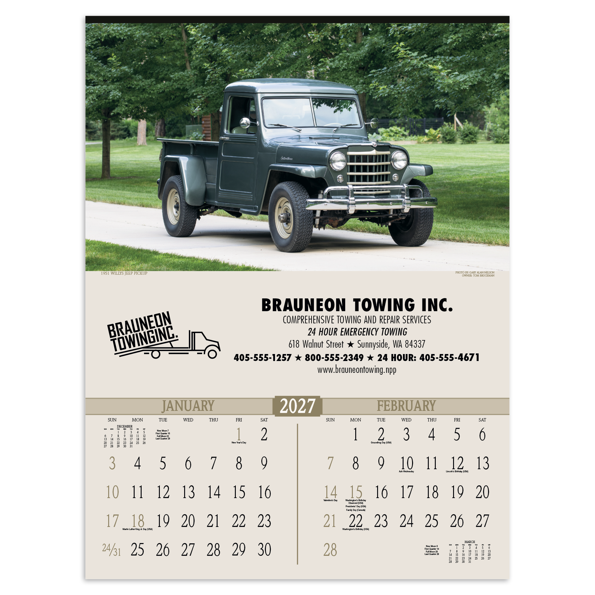 2027 antique trucks wall calendar featuring vintage truck photography with historical descriptions and a custom company logo printed on the calendar header.