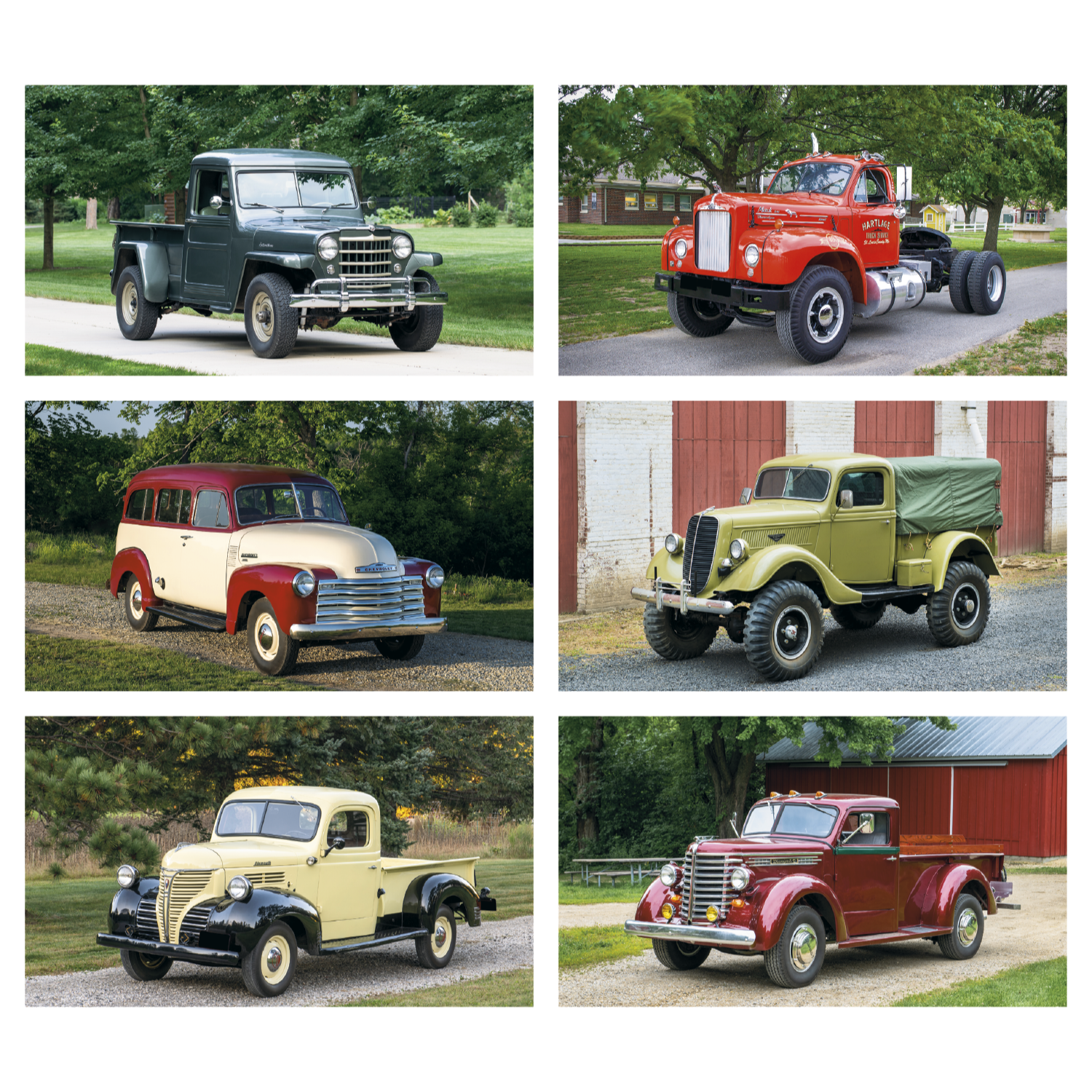 2027 antique trucks wall calendar featuring vintage truck photography with historical descriptions and a custom company logo printed on the calendar header.