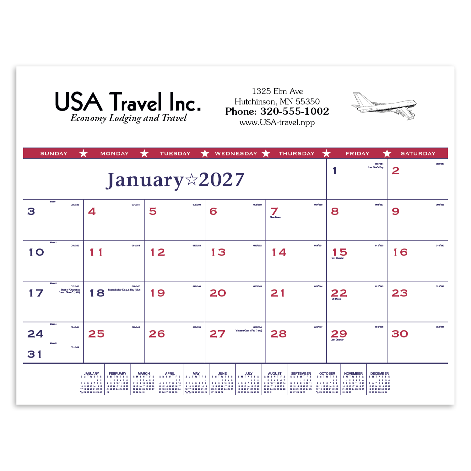 Patriotic Desk Pad Calendar displayed on an office desk beside a keyboard and workspace essentials, featuring an American flag design, large monthly paper calendar grid, and spacious memo area for planning and daily organization.