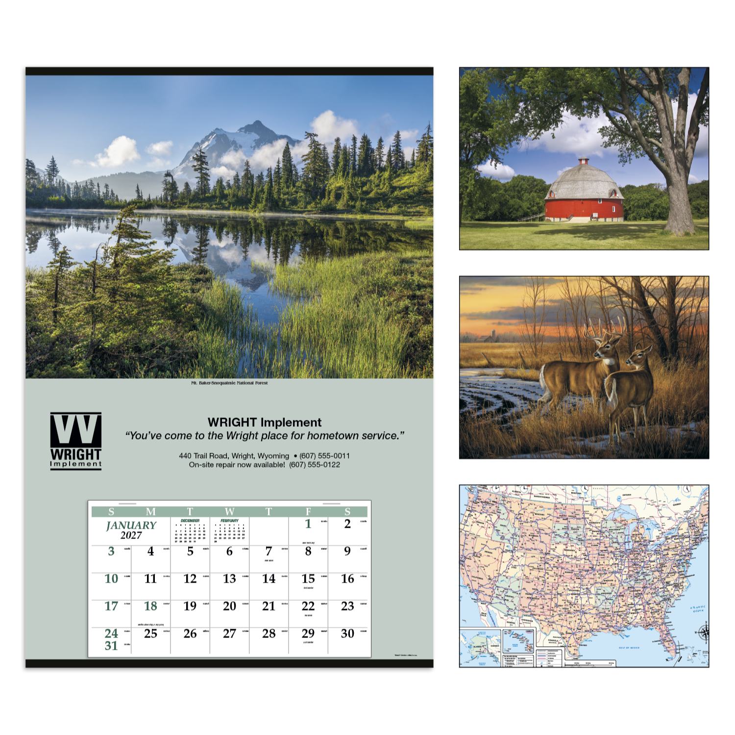 Jumbo Hanger Calendar (12-Month) with scenic landscape header, oversized white paper monthly memo calendar grid, and large customizable advertising panel, designed for year-round wall display and scheduling.
