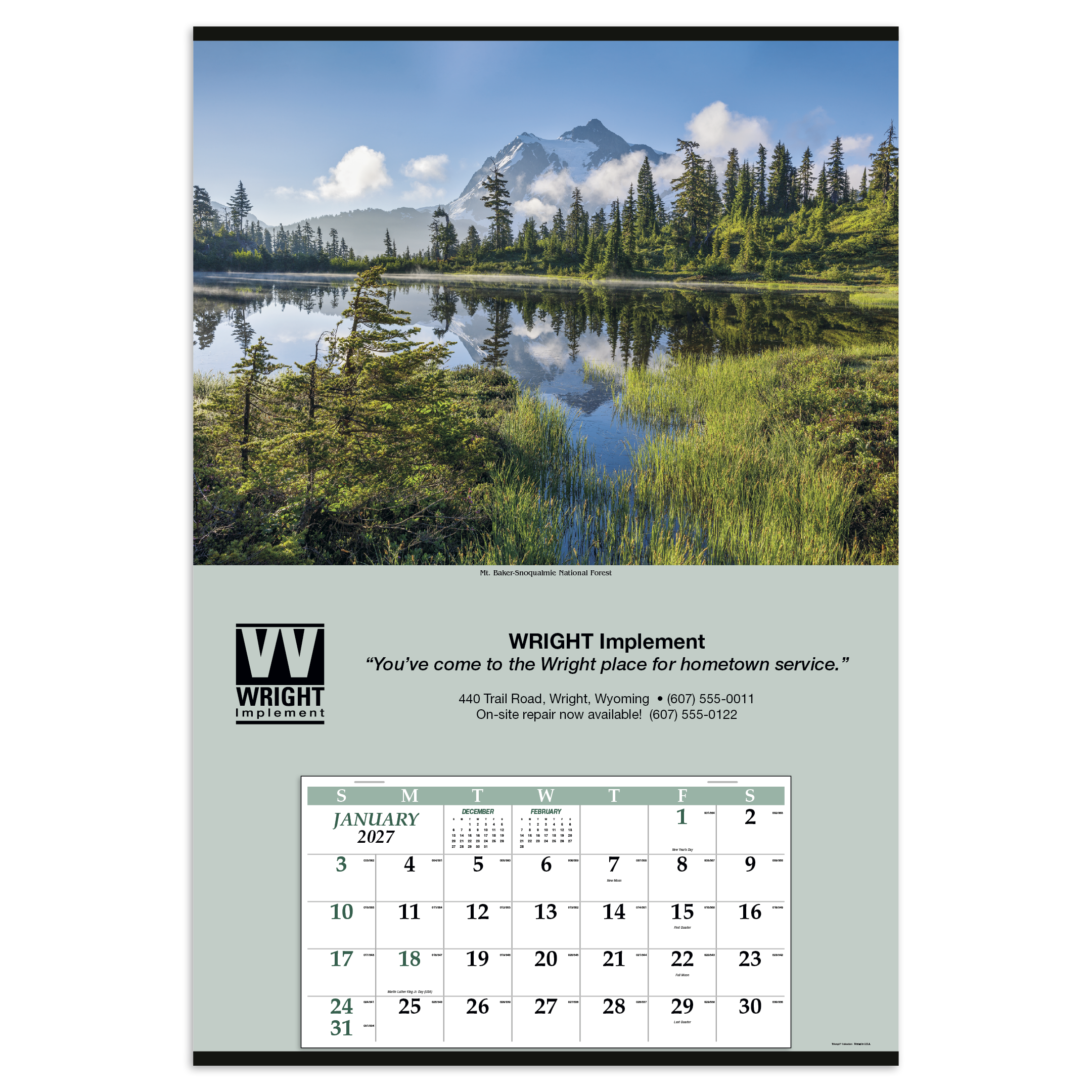 Jumbo Hanger Calendar (12-Month) with scenic landscape header, oversized white paper monthly memo calendar grid, and large customizable advertising panel, designed for year-round wall display and scheduling.