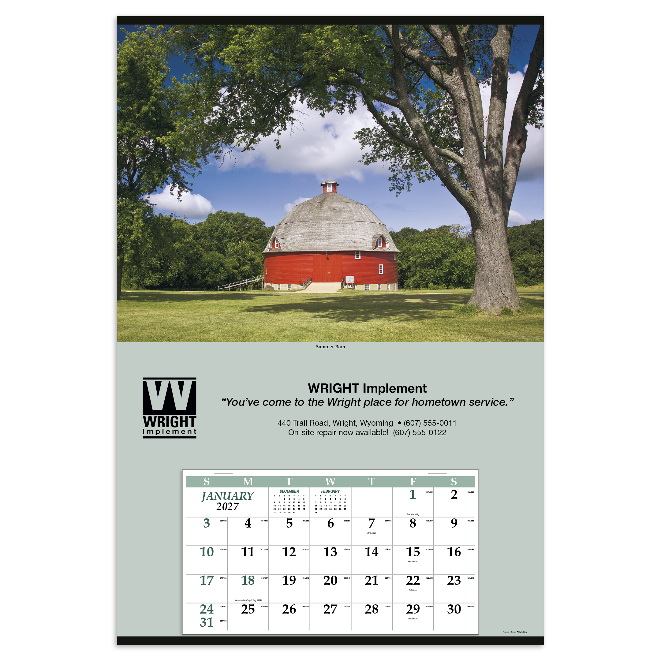 Jumbo Hanger Calendar (12-Month) with scenic landscape header, oversized white paper monthly memo calendar grid, and large customizable advertising panel, designed for year-round wall display and scheduling.