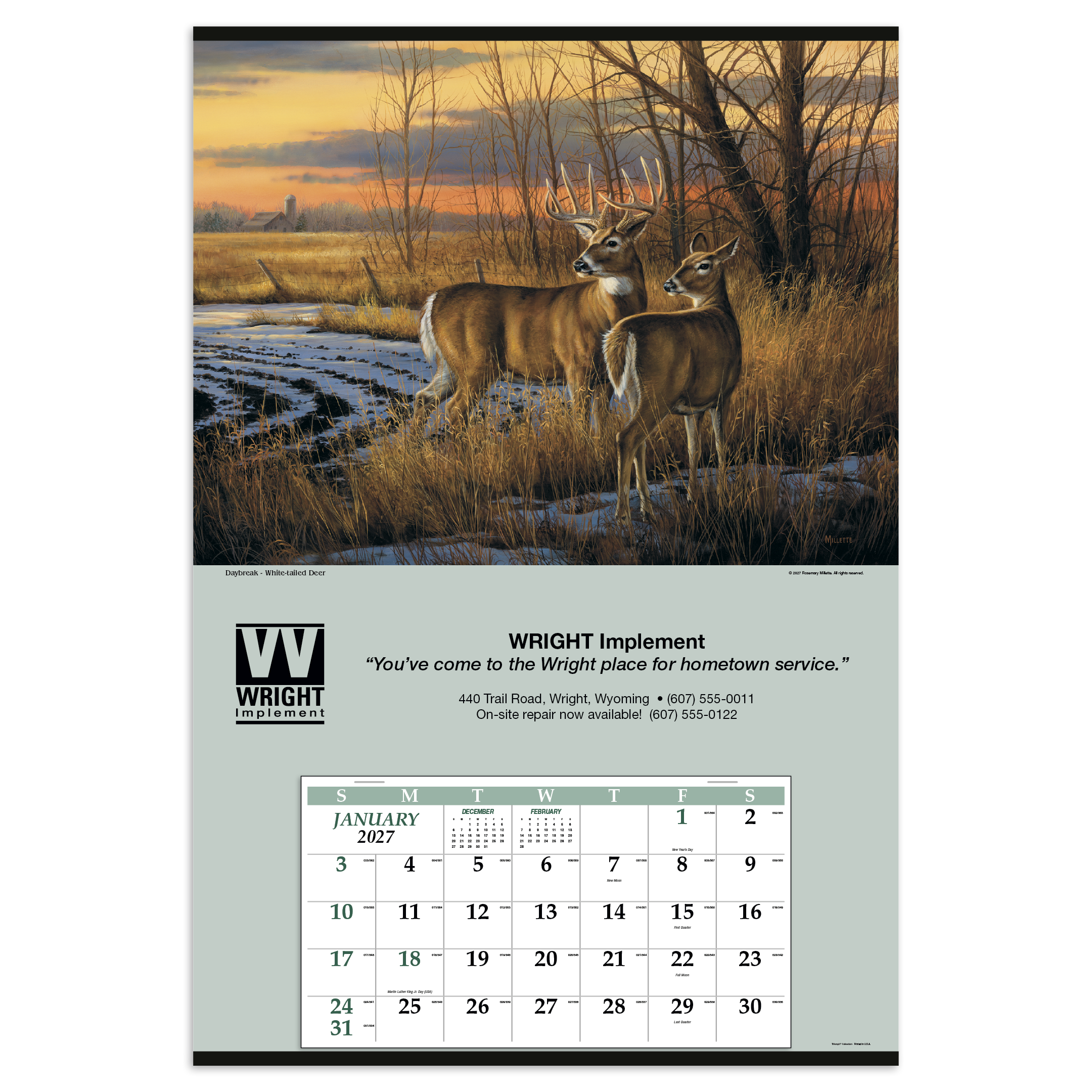 Jumbo Hanger Calendar (12-Month) with scenic landscape header, oversized white paper monthly memo calendar grid, and large customizable advertising panel, designed for year-round wall display and scheduling.