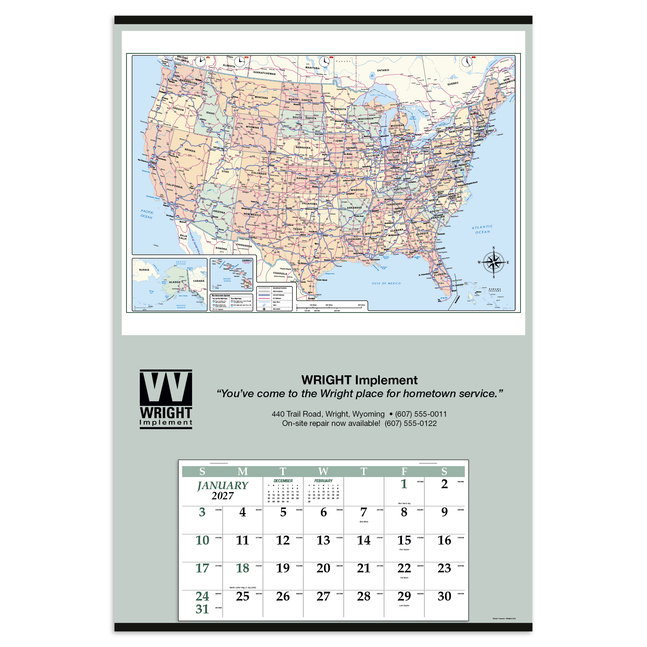 Jumbo Hanger Calendar (12-Month) with scenic landscape header, oversized white paper monthly memo calendar grid, and large customizable advertising panel, designed for year-round wall display and scheduling.