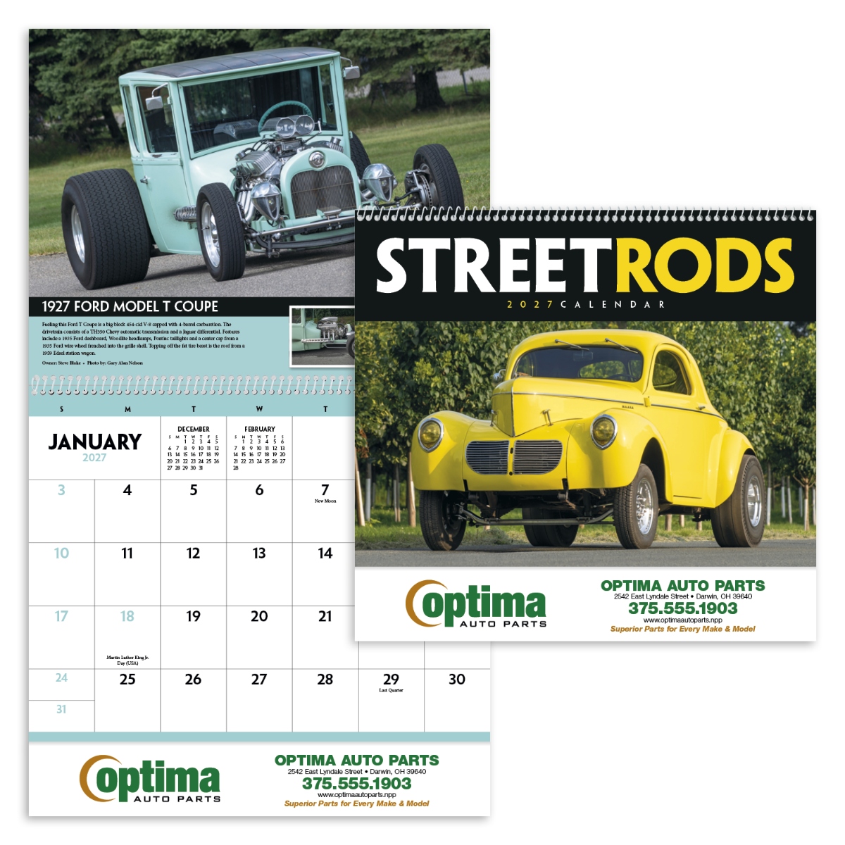 Street rod calendar featuring unique custom cars and information about each featured vehicle, assembled in the USA.