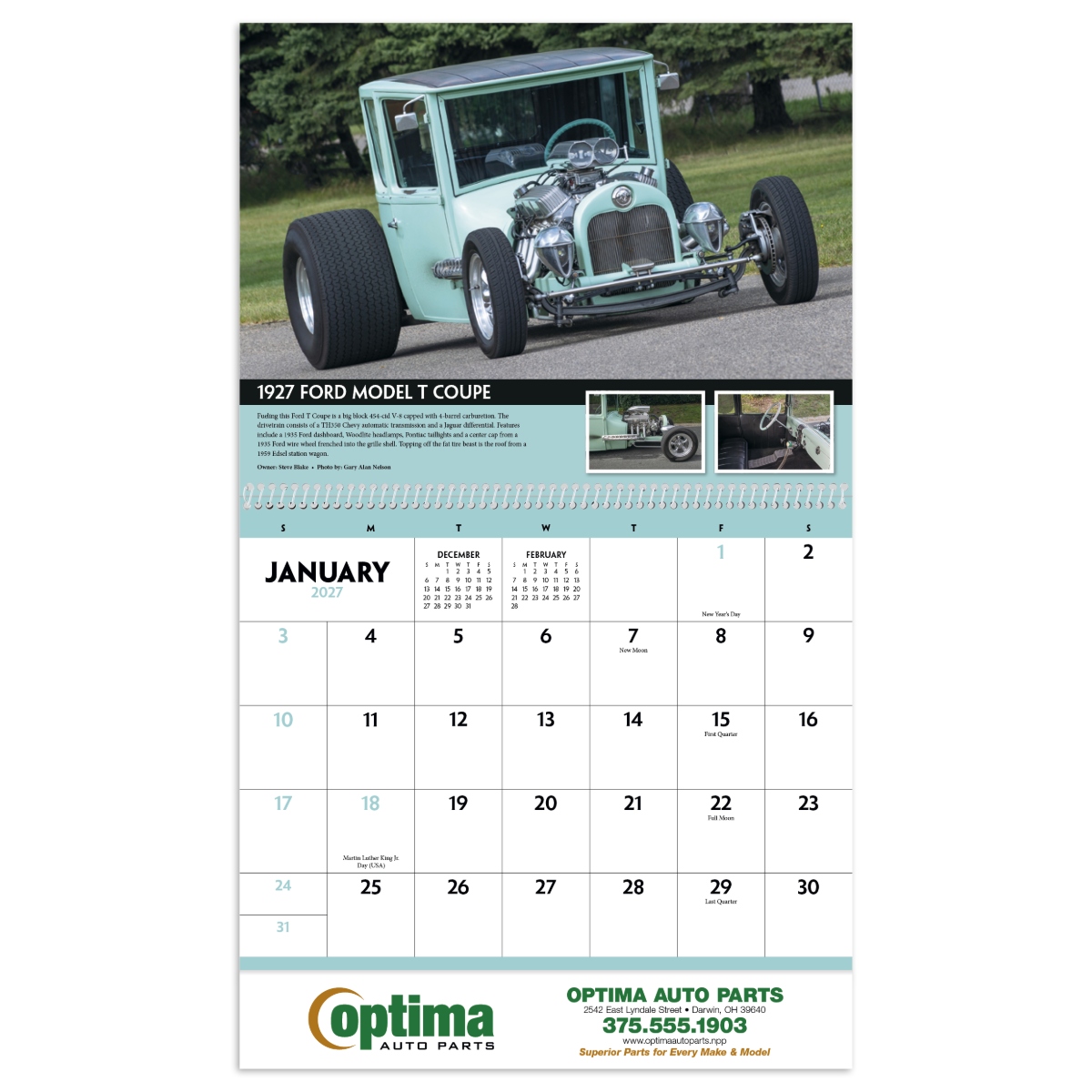 Street rod calendar featuring unique custom cars and information about each featured vehicle, assembled in the USA.