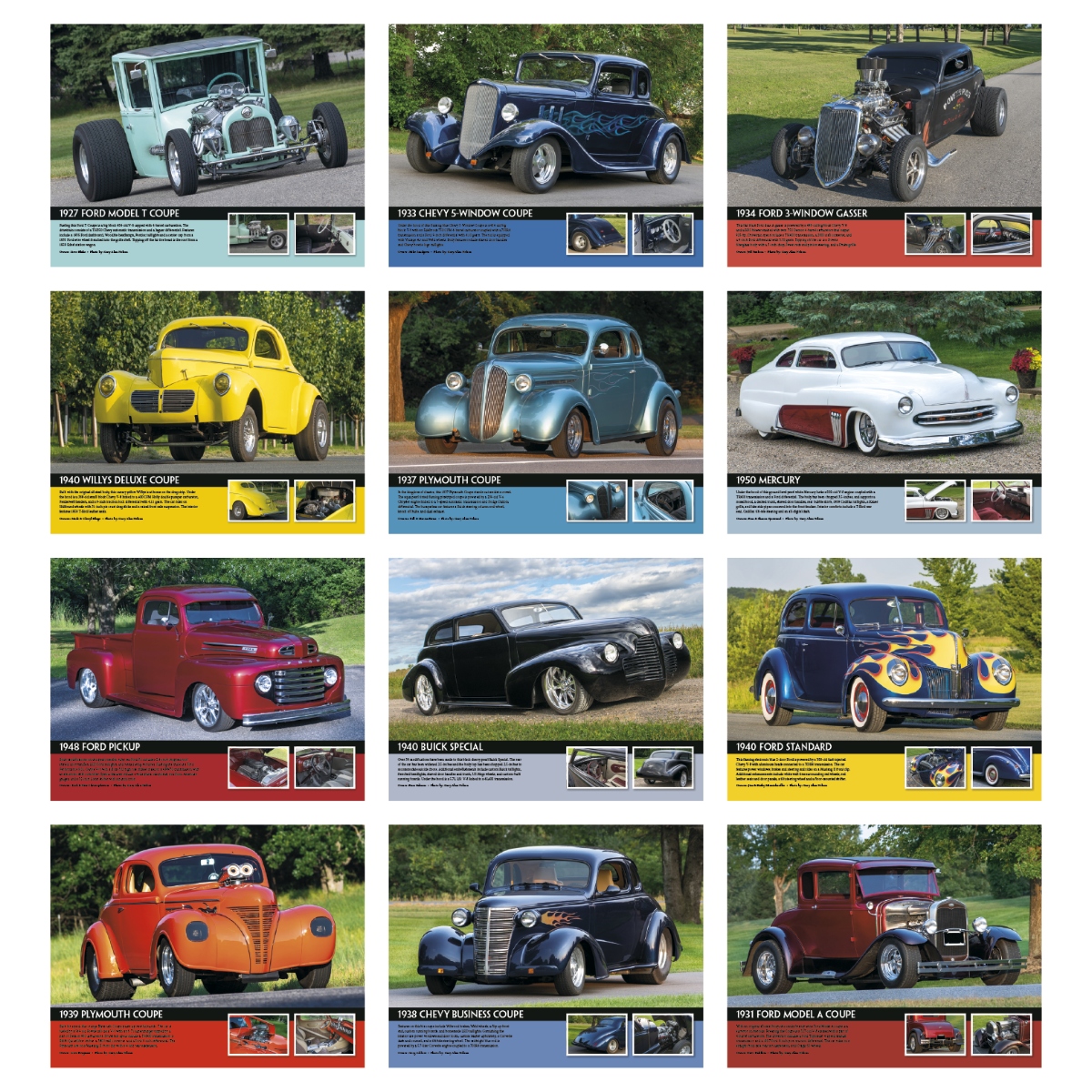 Street rod calendar featuring unique custom cars and information about each featured vehicle, assembled in the USA.