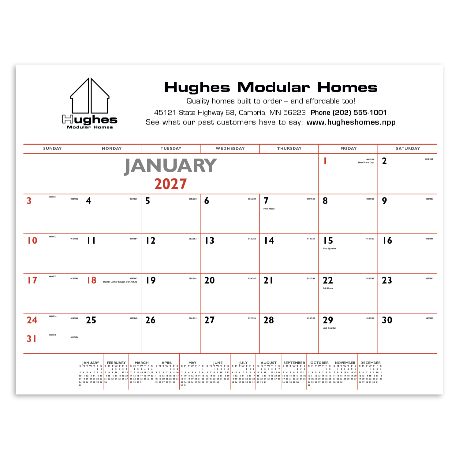 Red & Black Desk Pad Calendar with a white monthly calendar layout, bold red and black date accents, large paper desk pad design, and spacious writing blocks for desktop planning and scheduling.