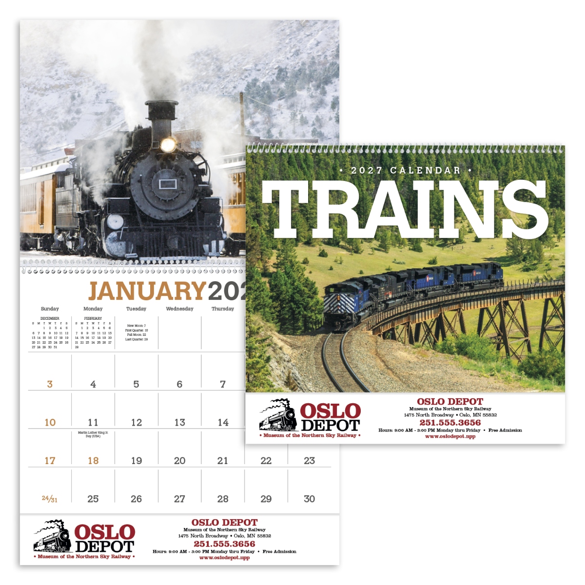 Train calendar featuring powerful locomotives working throughout the year, assembled in the USA.