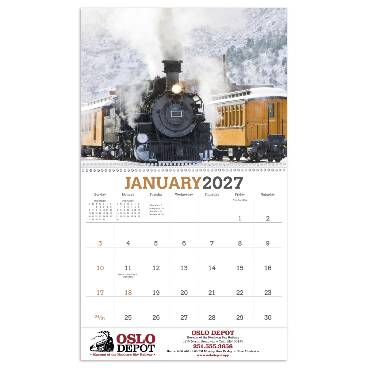 Train calendar featuring powerful locomotives working throughout the year, assembled in the USA.
