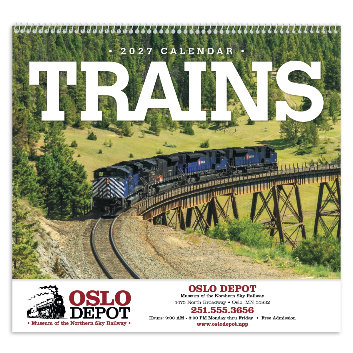 Train calendar featuring powerful locomotives working throughout the year, assembled in the USA.