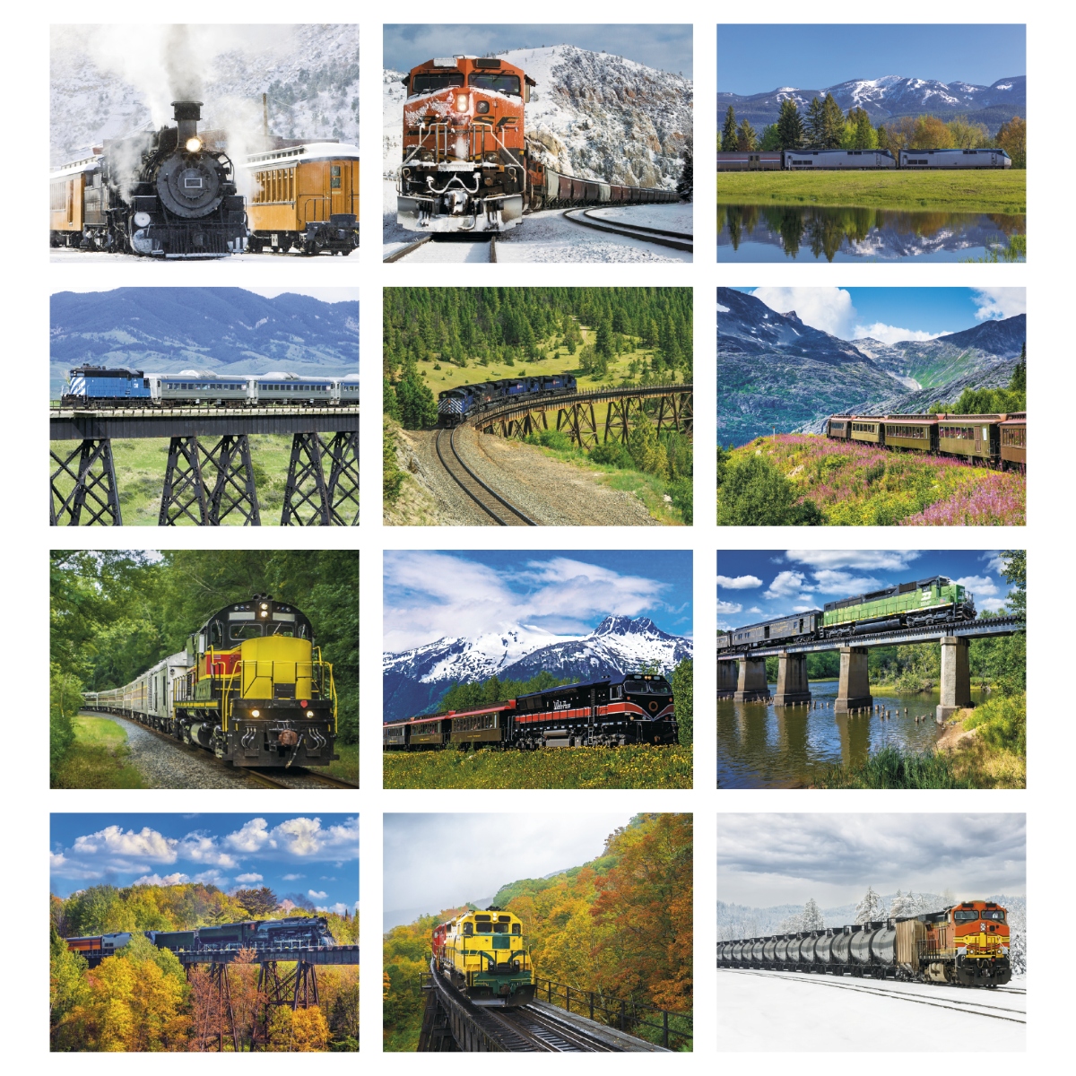 Train calendar featuring powerful locomotives working throughout the year, assembled in the USA.