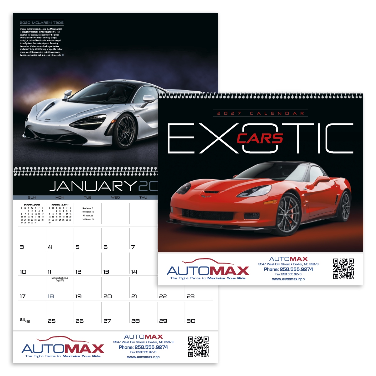 Sports car appointment calendar featuring upscale cars and information about each featured vehicle, assembled in the USA.