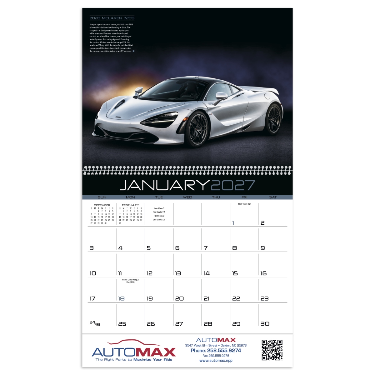 Sports car appointment calendar featuring upscale cars and information about each featured vehicle, assembled in the USA.