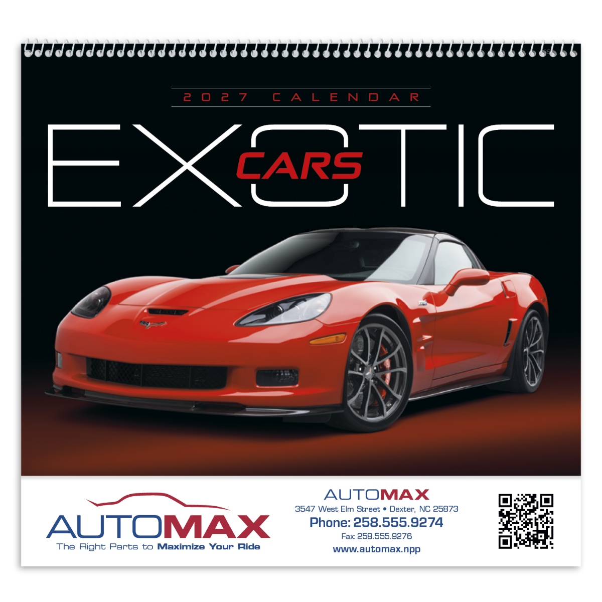 Sports car appointment calendar featuring upscale cars and information about each featured vehicle, assembled in the USA.