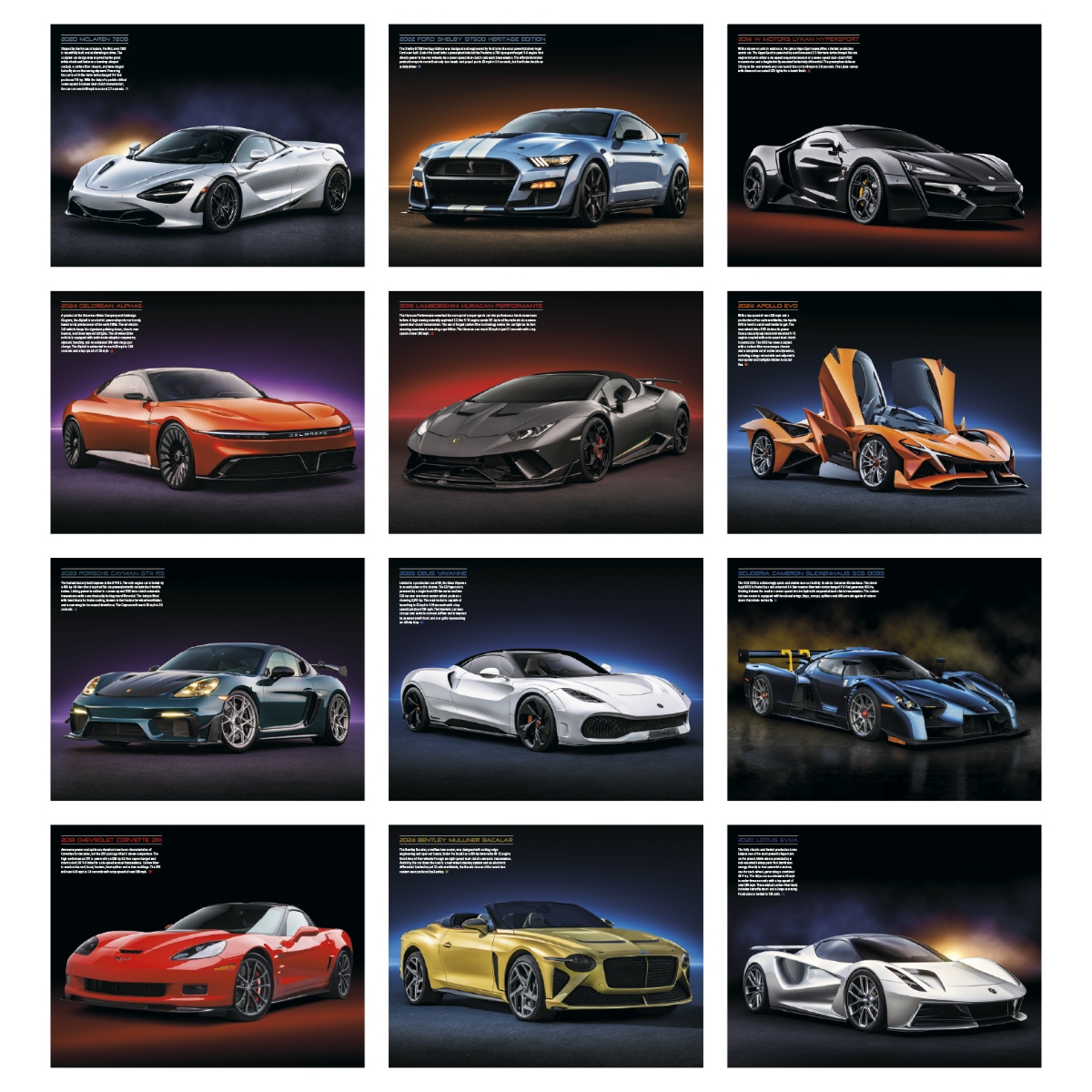 Sports car appointment calendar featuring upscale cars and information about each featured vehicle, assembled in the USA.