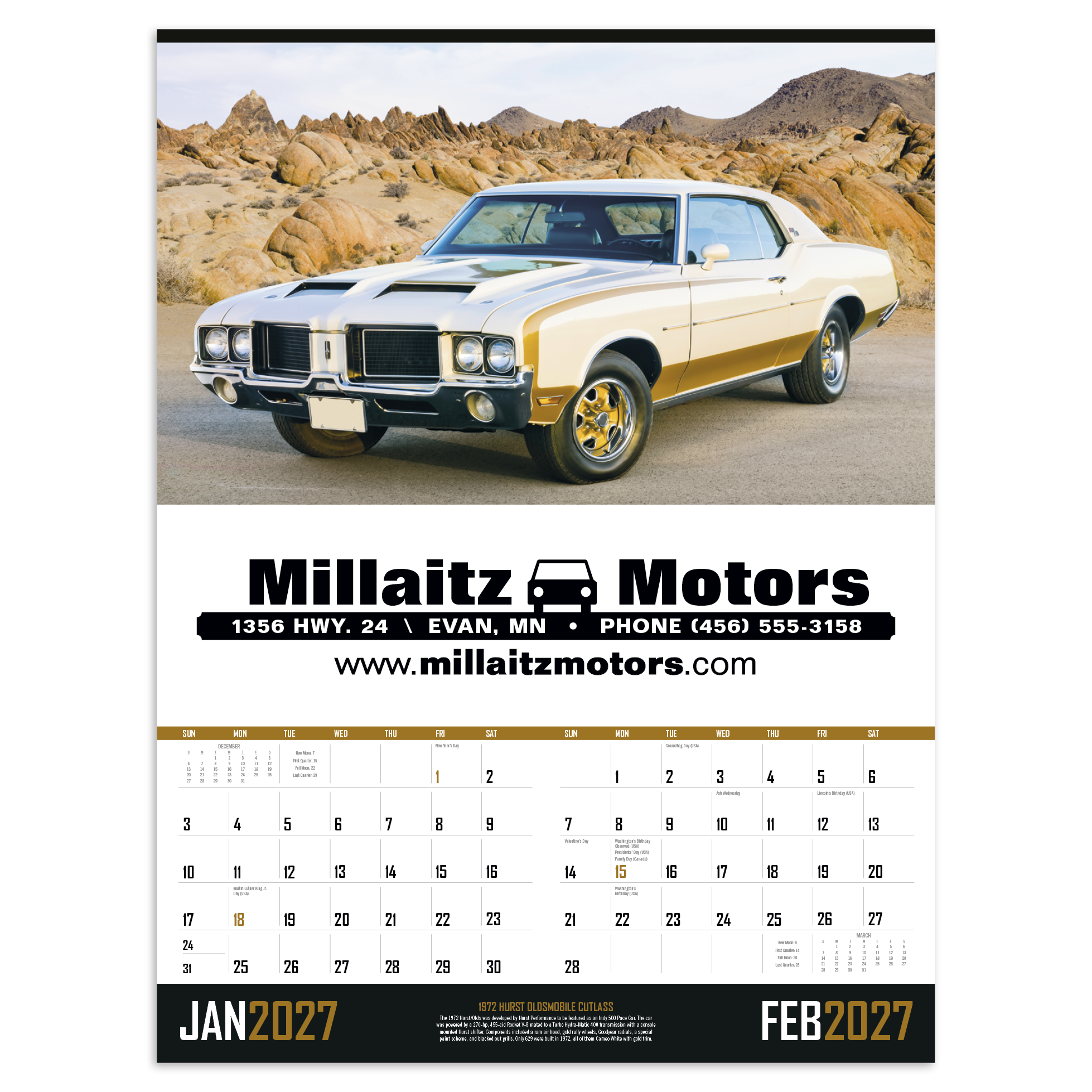 2027 classic cars wall calendar featuring colorful photographs of vintage American automobiles with historical descriptions and a custom company logo displayed on the calendar header.