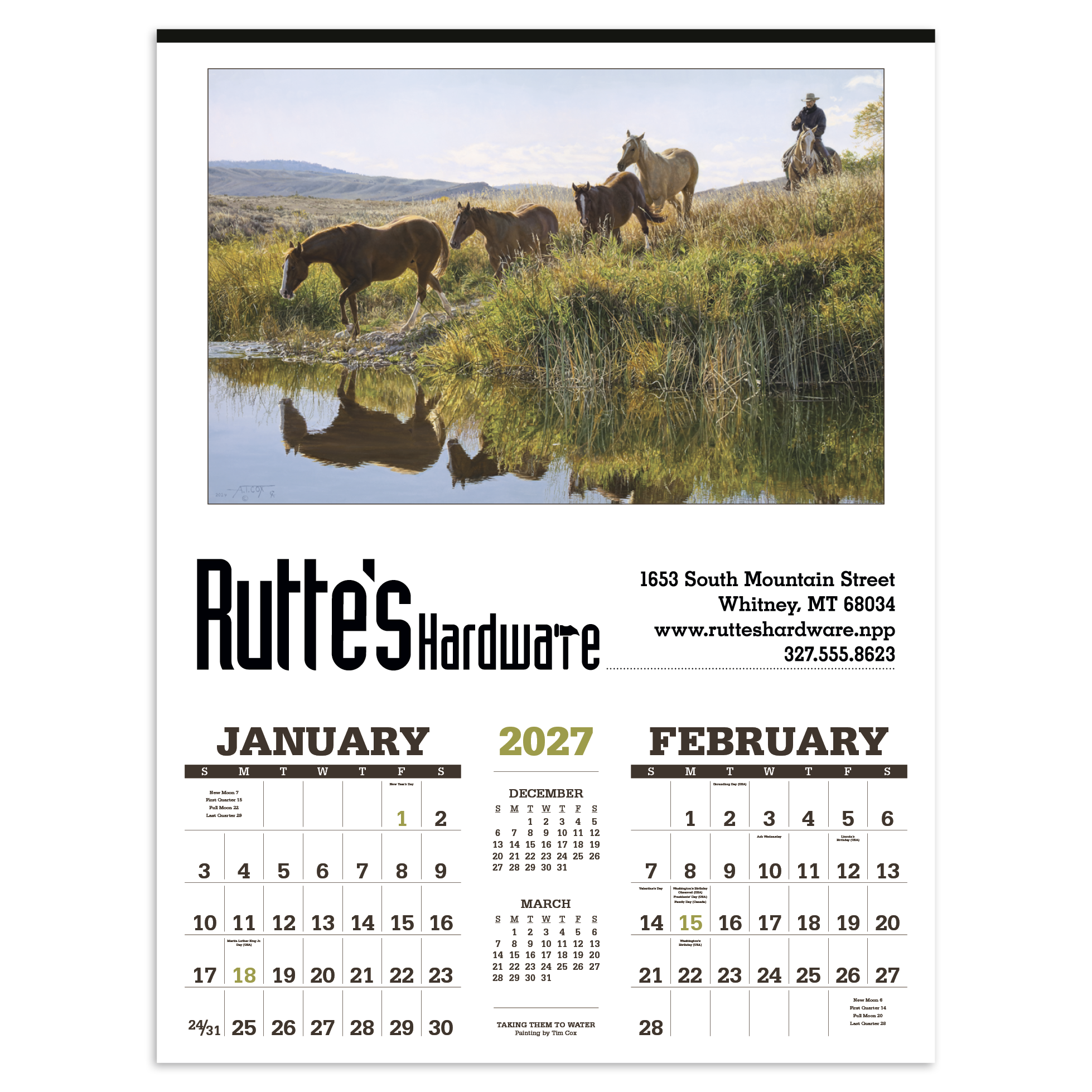 Western-themed wall calendar featuring Tim Cox artwork of contemporary cowboys and American West landscapes with a custom company logo displayed on the calendar header.