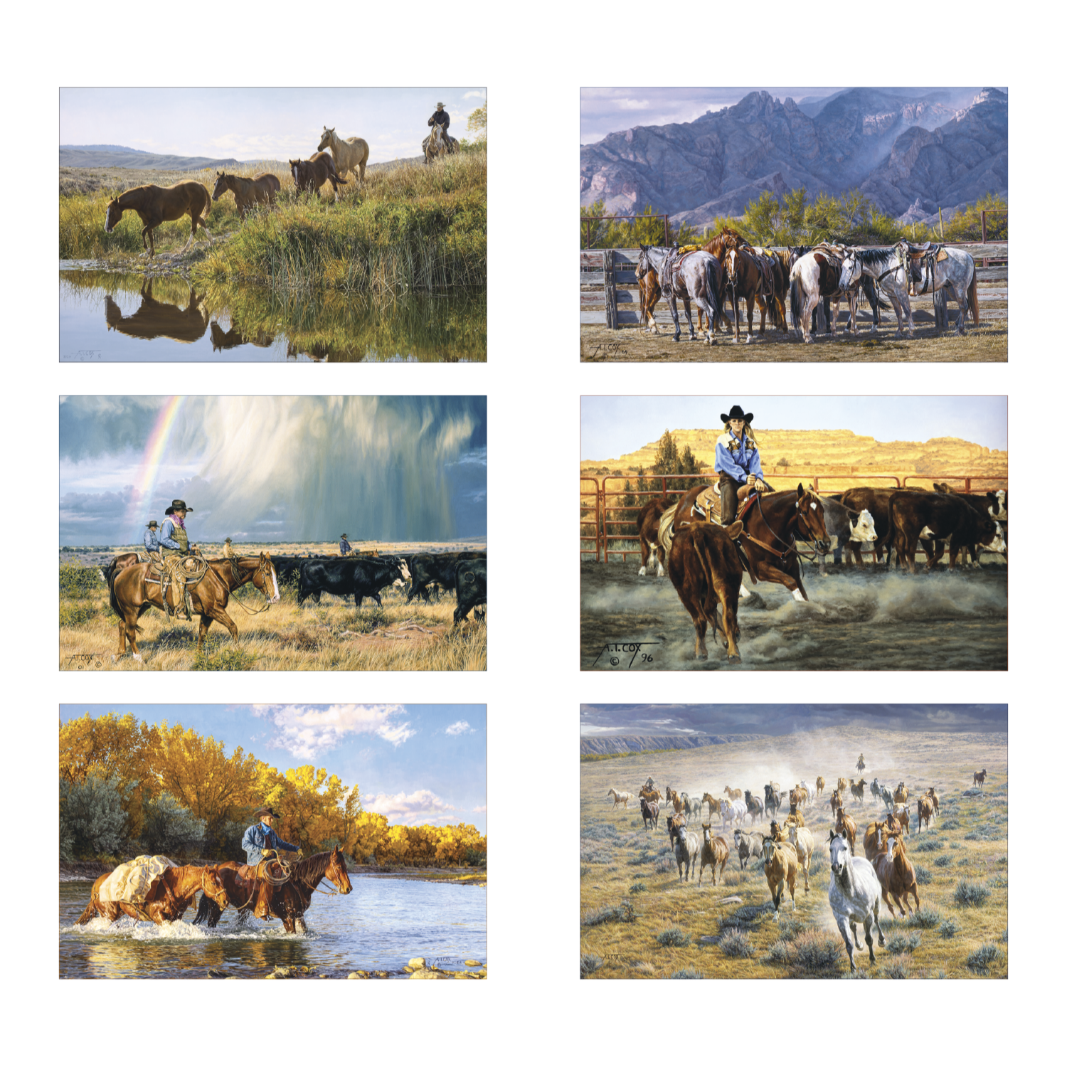 Western-themed wall calendar featuring Tim Cox artwork of contemporary cowboys and American West landscapes with a custom company logo displayed on the calendar header.