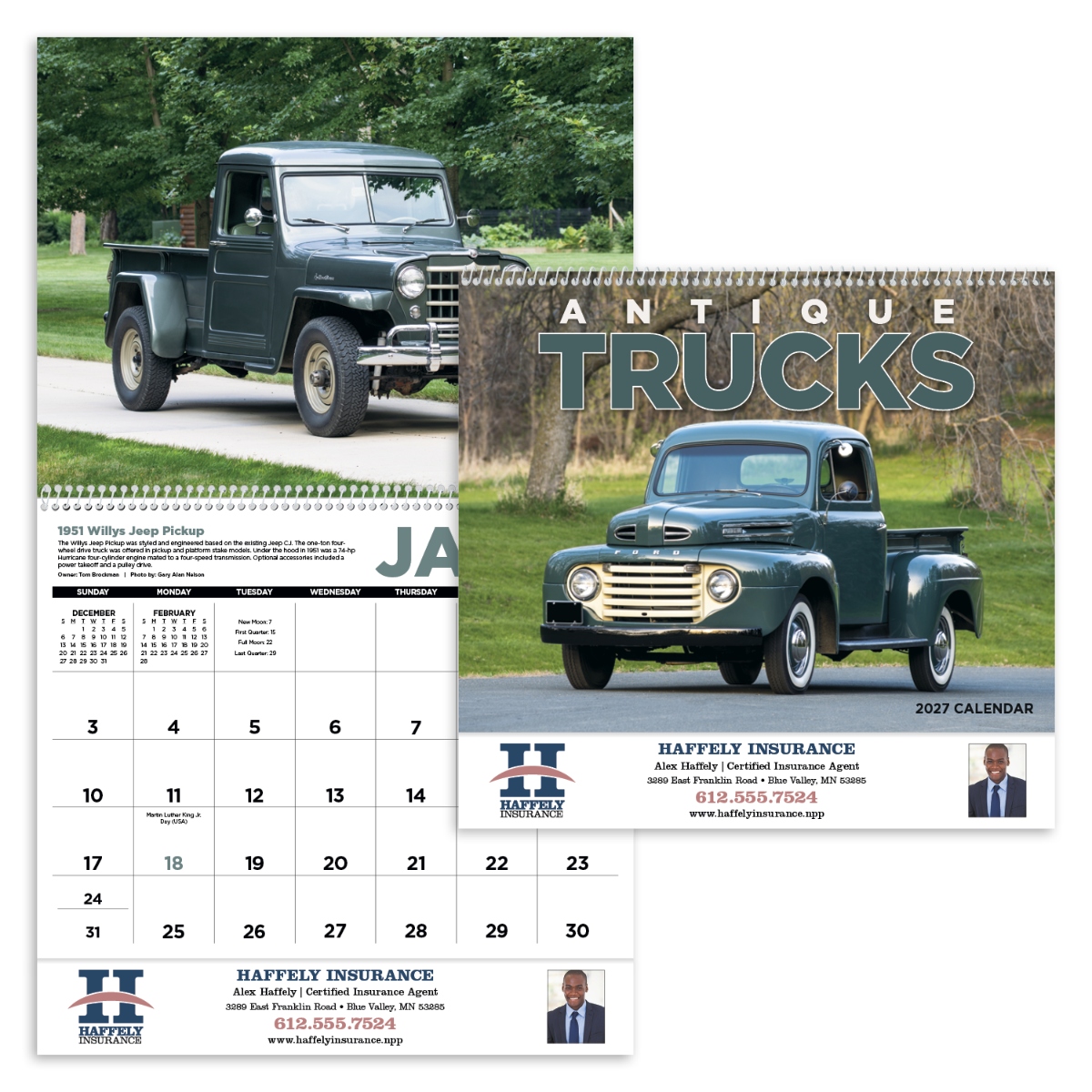 Antique truck calendar featuring classic vintage trucks with details about each featured vehicle, assembled in the USA.