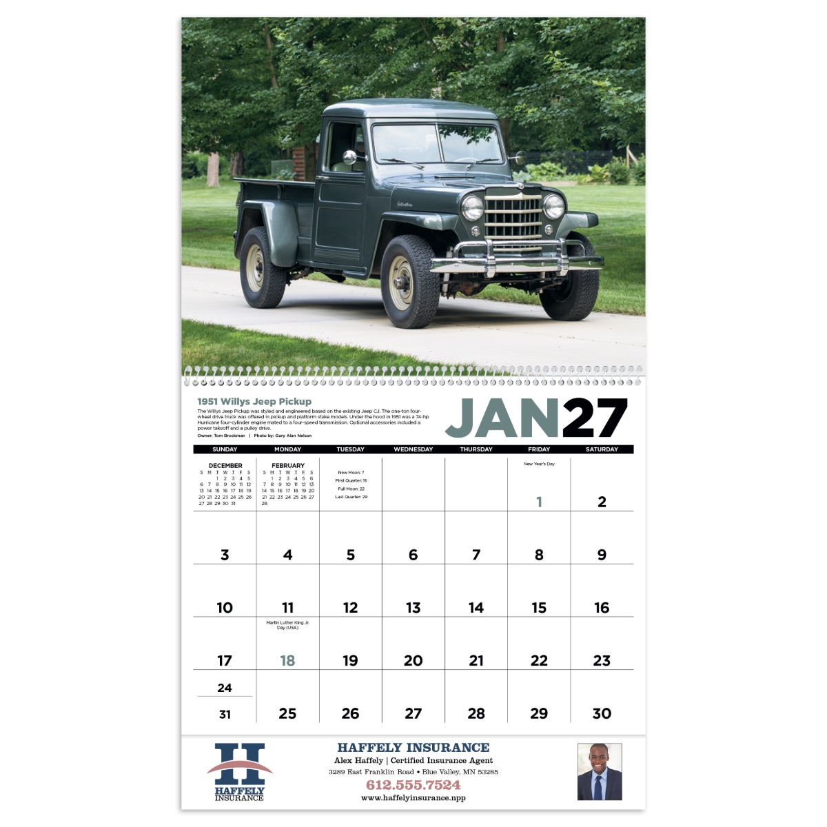 Antique truck calendar featuring classic vintage trucks with details about each featured vehicle, assembled in the USA.