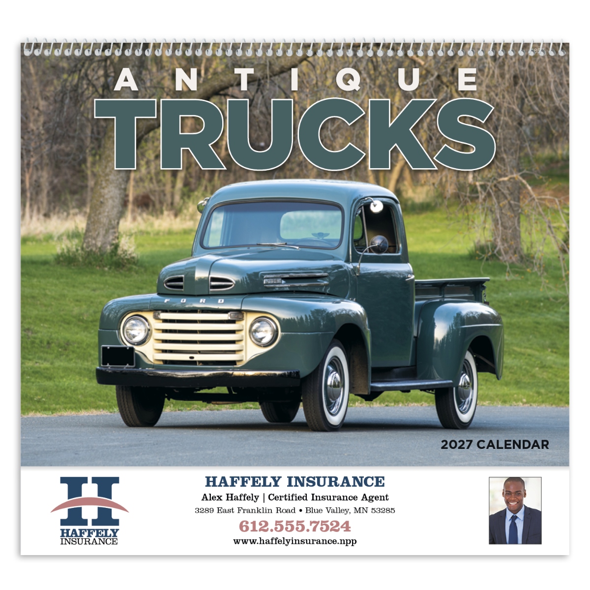 Antique truck calendar featuring classic vintage trucks with details about each featured vehicle, assembled in the USA.