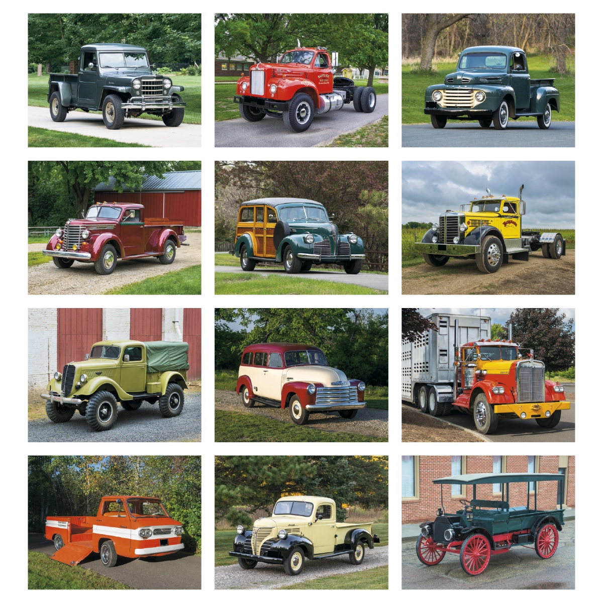 Antique truck calendar featuring classic vintage trucks with details about each featured vehicle, assembled in the USA.