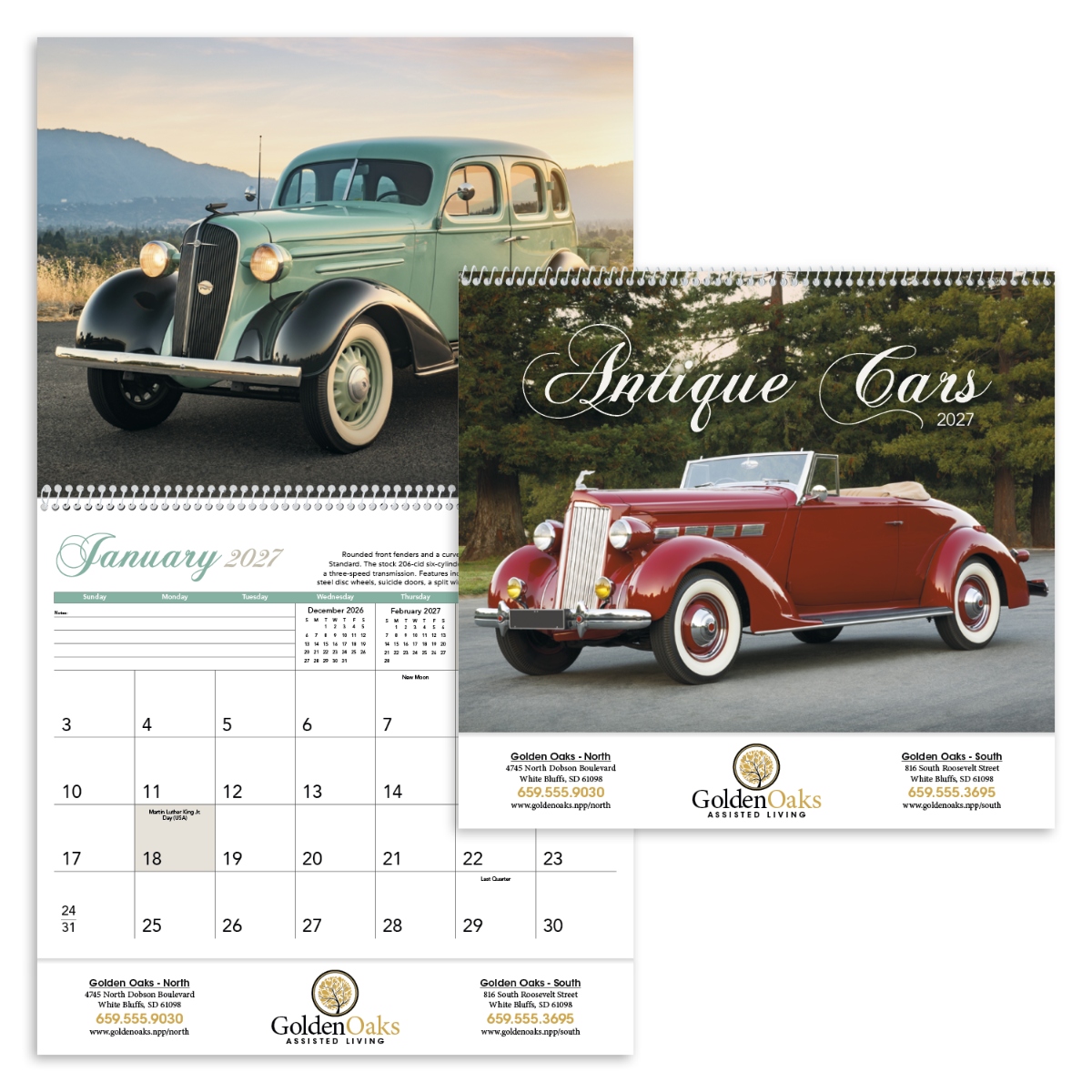 Classic car calendar featuring elegant vintage vehicles from a stylish era with information about each featured car, assembled in the USA.